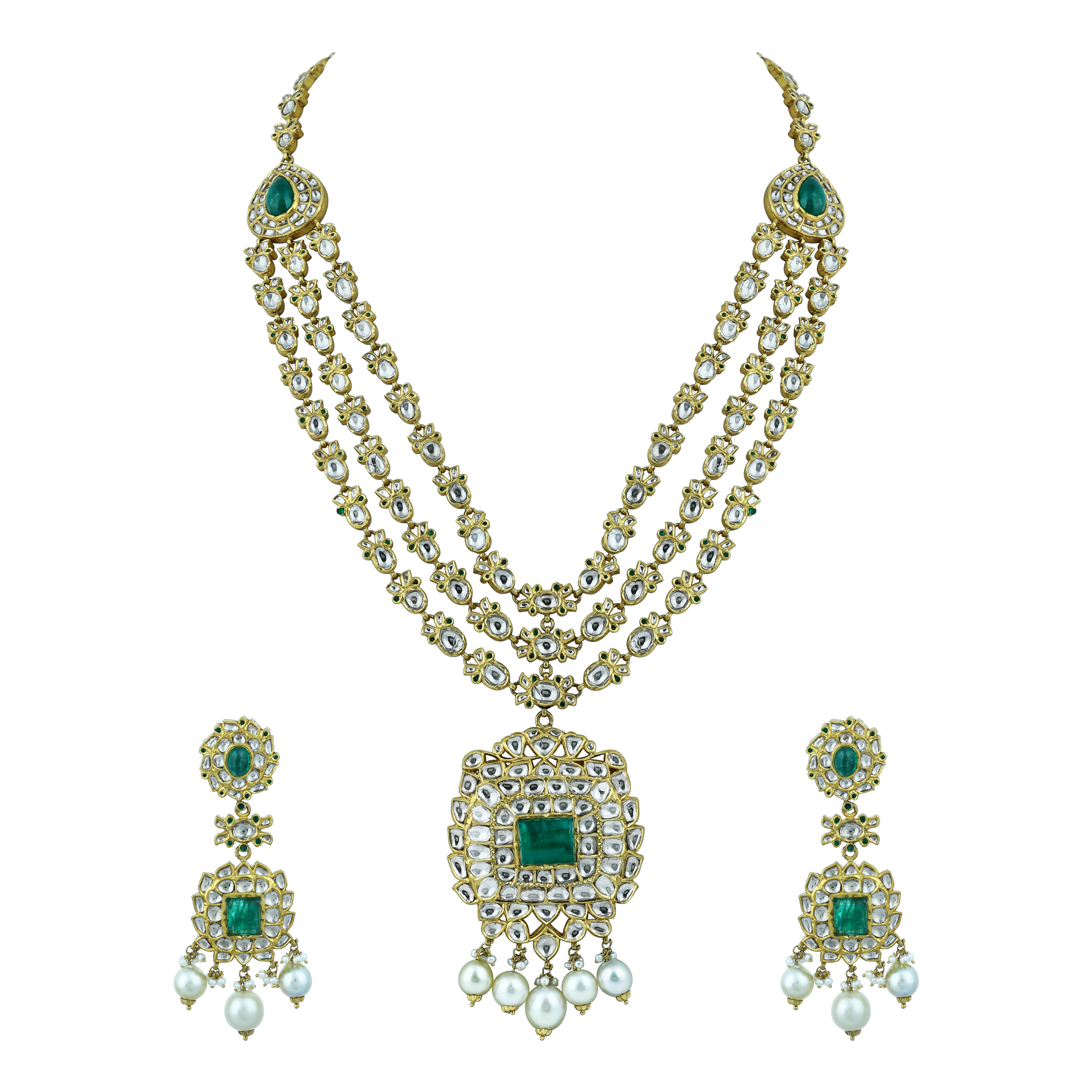 Triple-Line Necklace Set with Polkis, Emerald Pendant & Pearls