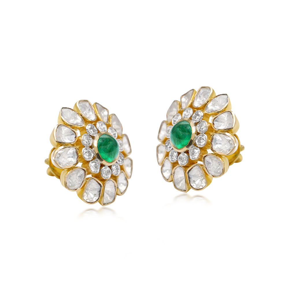 Floral Polki Stud Earrings with Center Emerald and Diamond Cluster