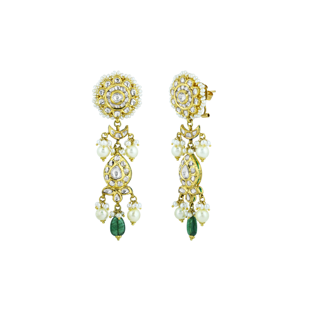 Polki Necklace Set with Emerald Drops and Pearl Strands