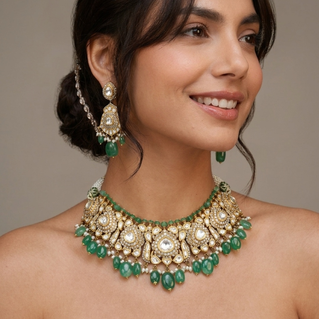 Victorian Rose-Cut Diamond Choker Set with Emerald Beads
