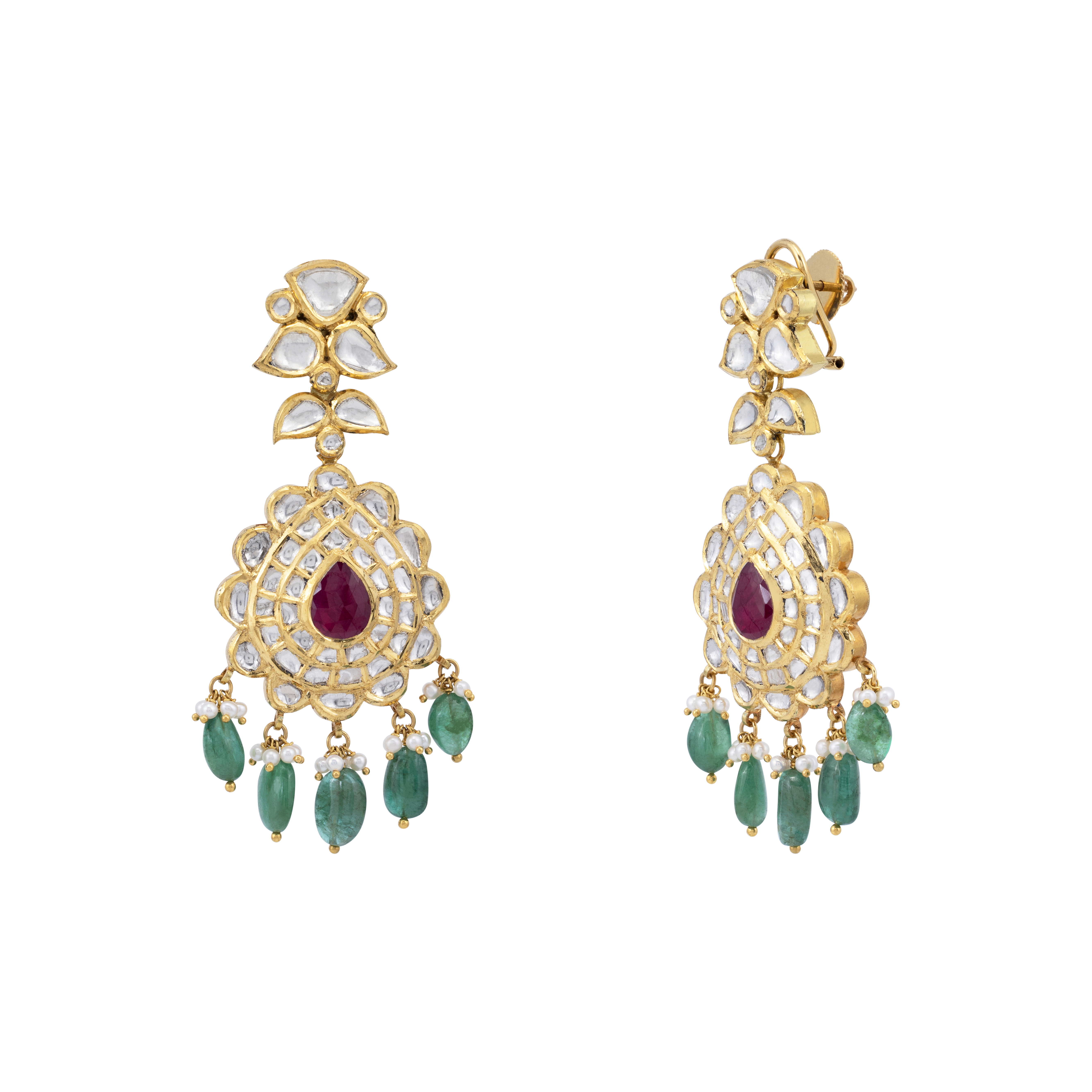 Teardrop Ruby Jadau Earrings with Emerald Drops