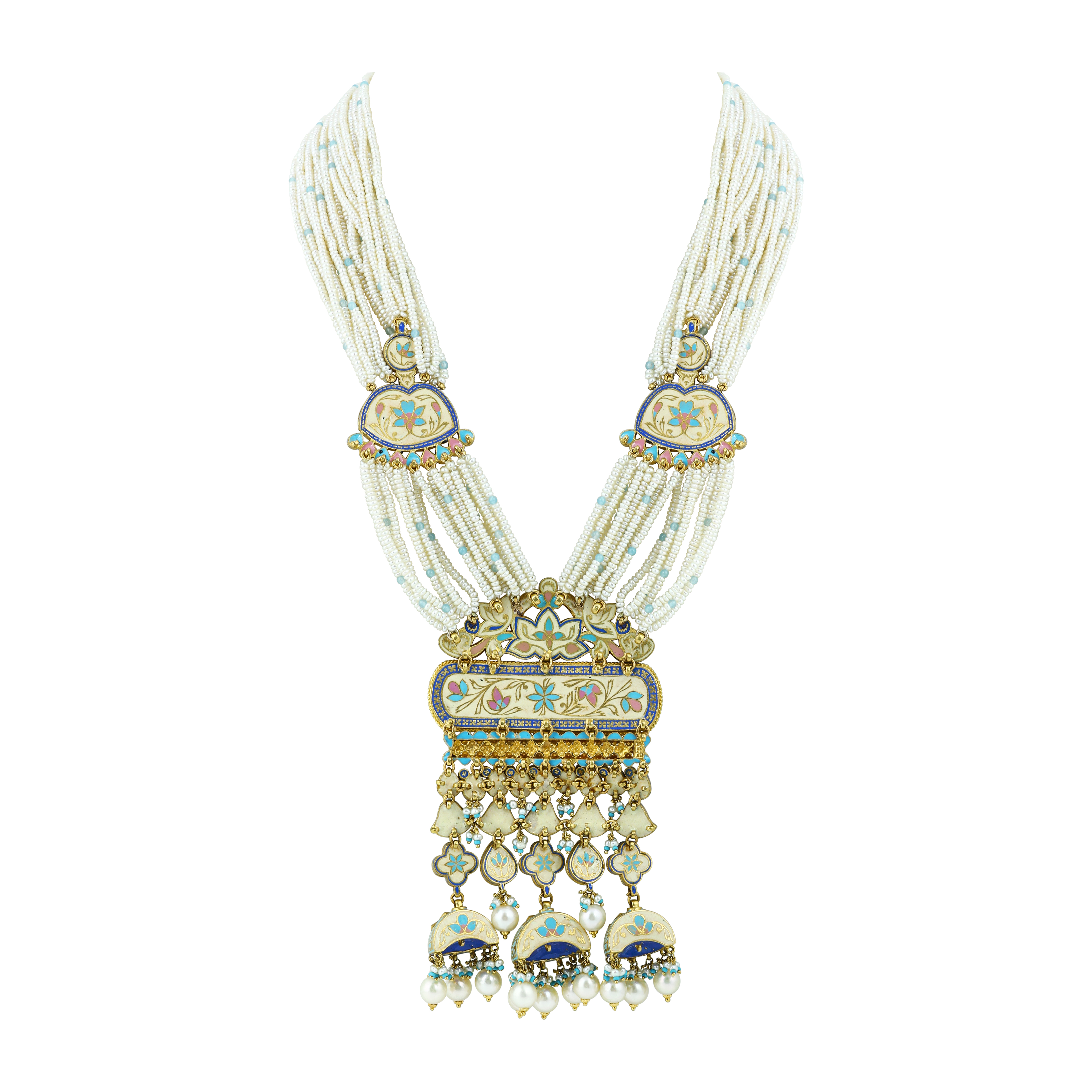 Multi-Strand Pearl Necklace Set with Polki Pendant and Blue Enamel