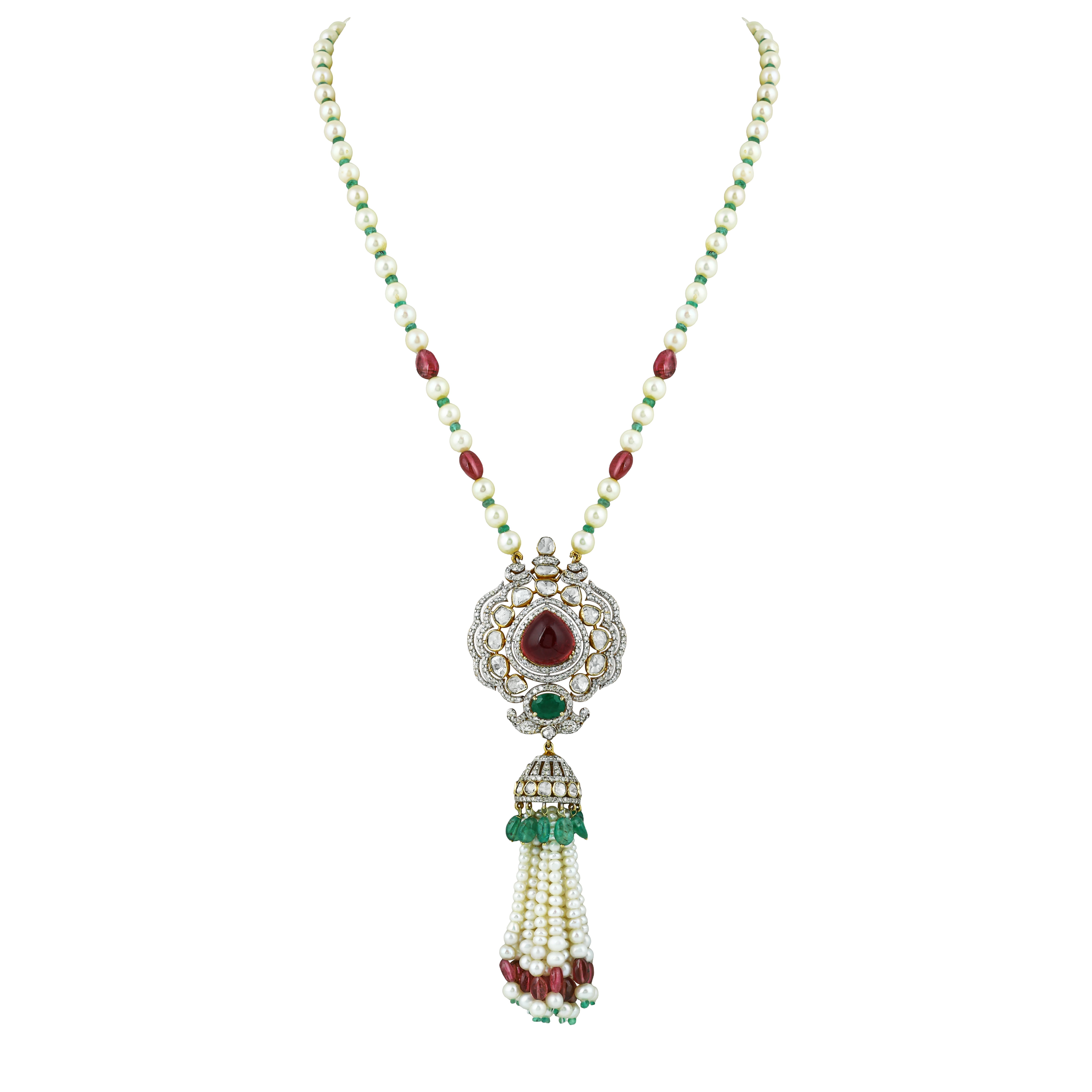 Polki Pendant with Pearl Tassels & Pear Tourmaline