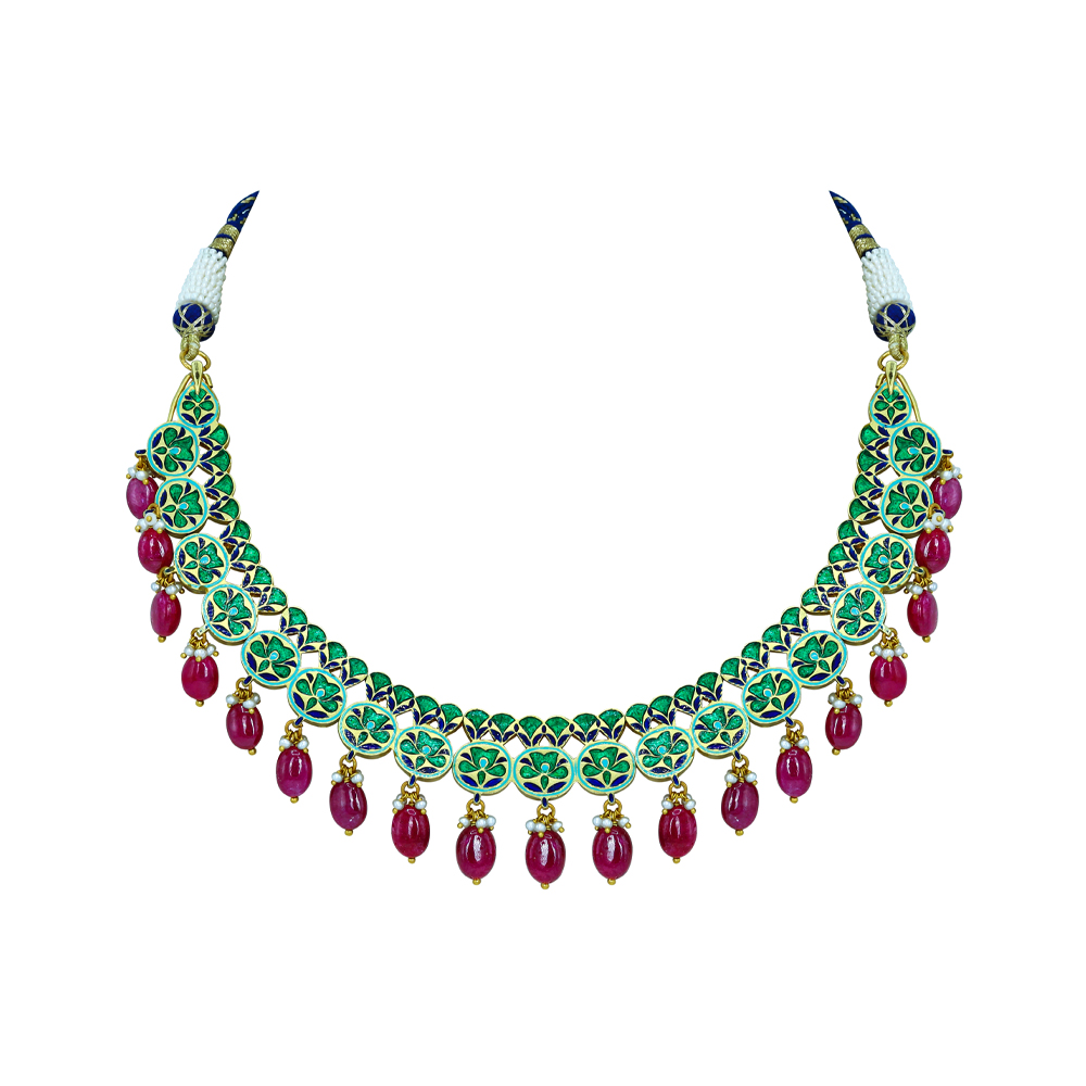 Blue Enamel Necklace with Polki Diamonds, Pearls, and Ruby Drops