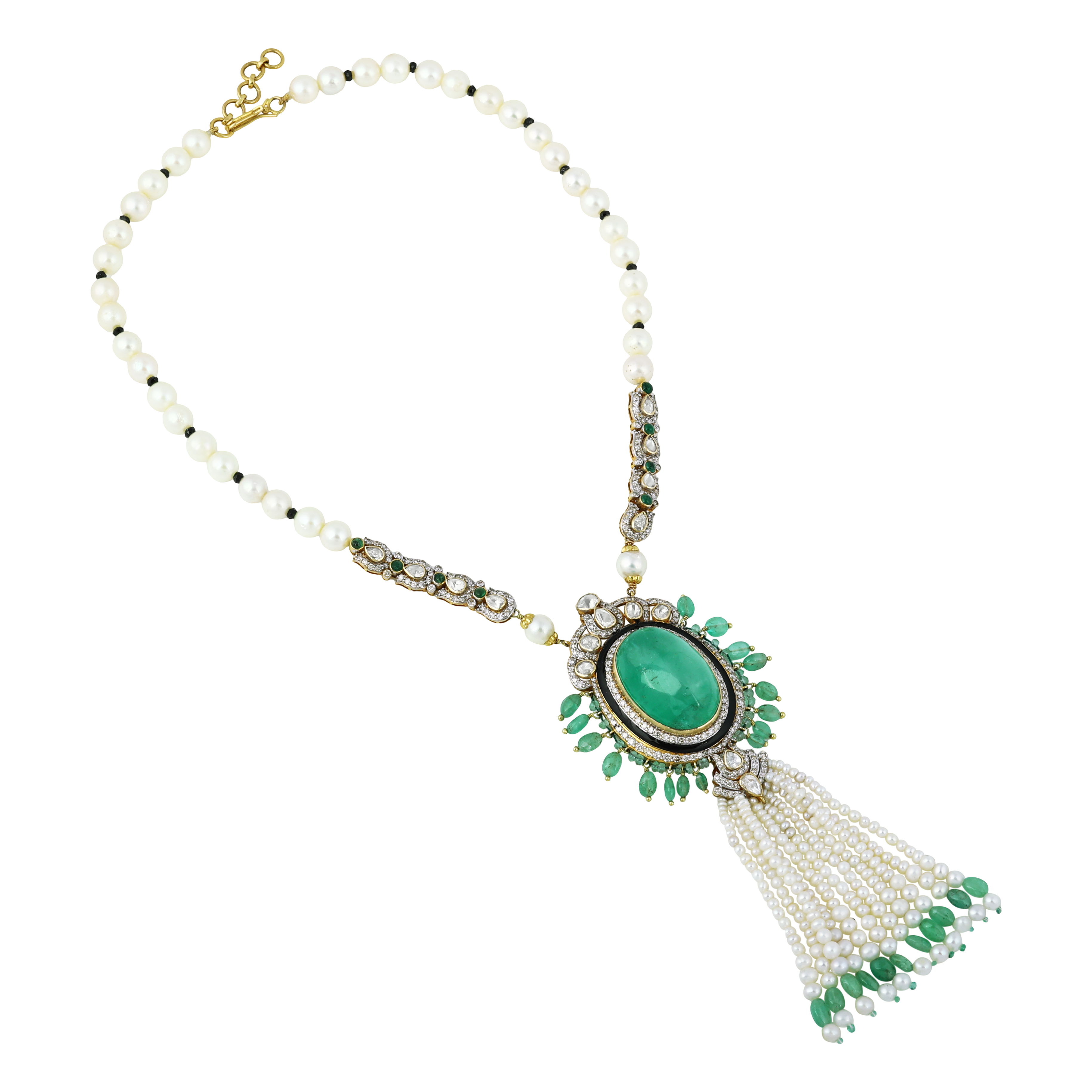 Oval Emerald Polki Pendant with Pearl & Emerald Tassels