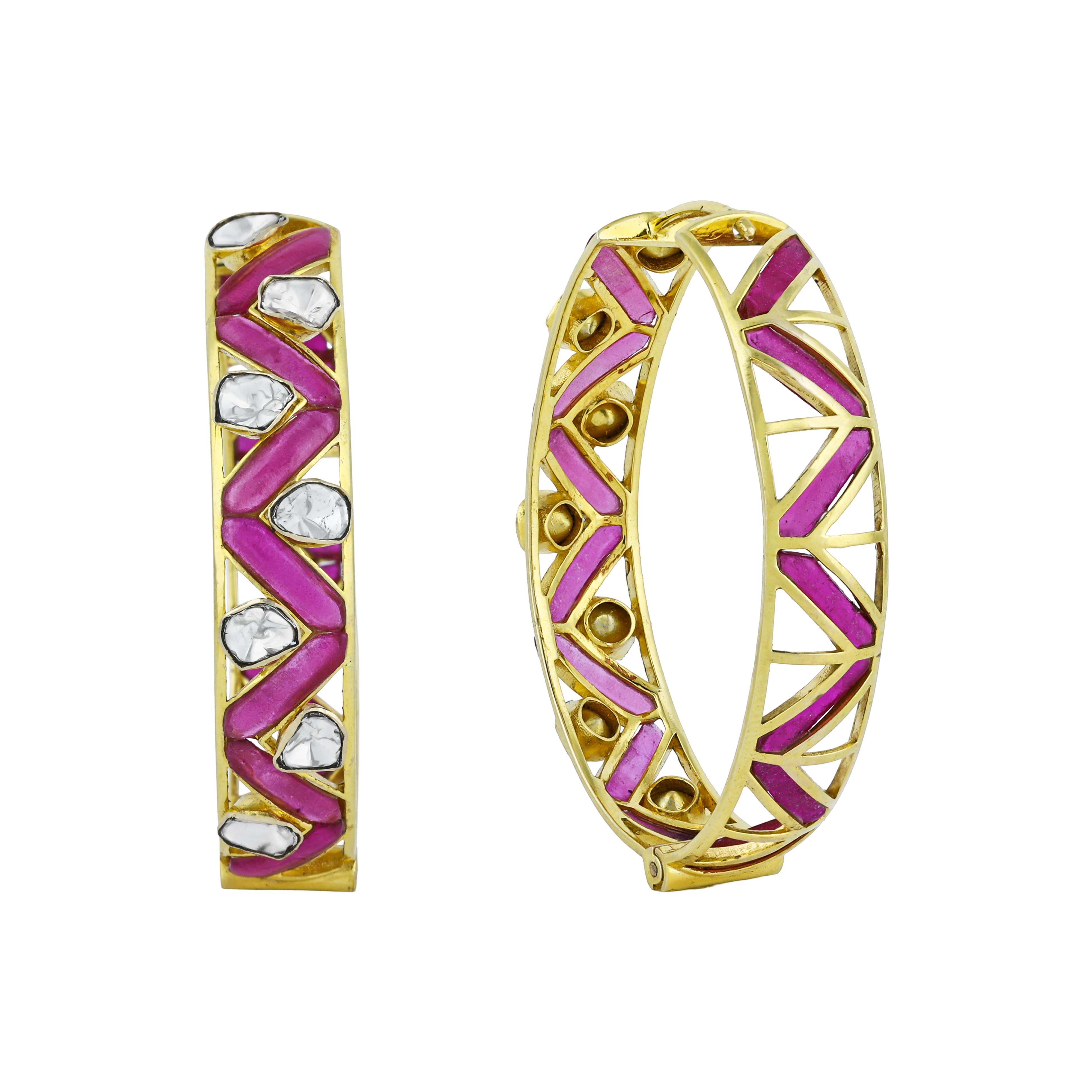 Zigzag Polki Hoop Earrings with Pink Talaf