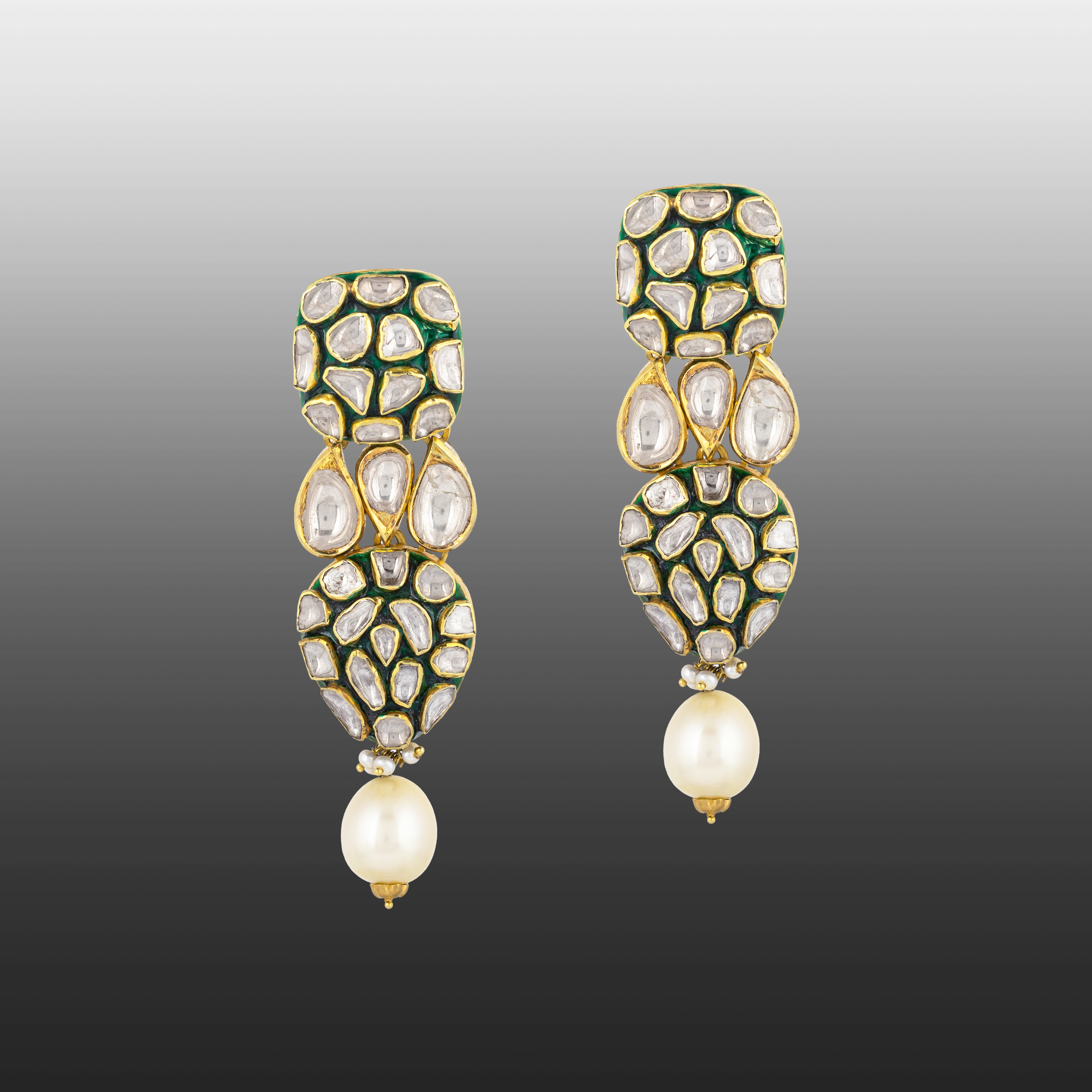 Polki Necklace Set with Pearl Drops & Green Enamel Cluster Polki
