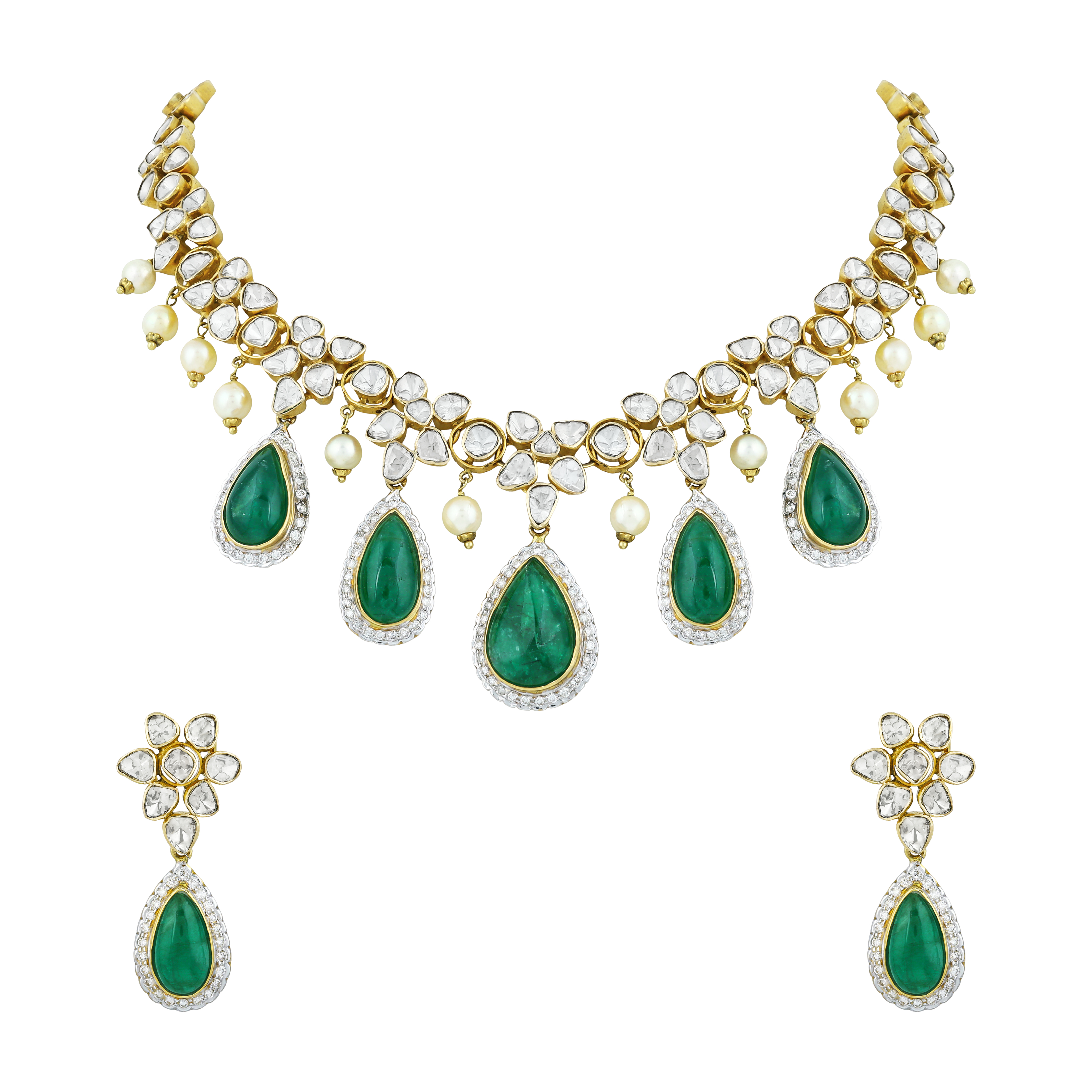 Polki Necklace Set with Emerald Drops & Diamond Halos