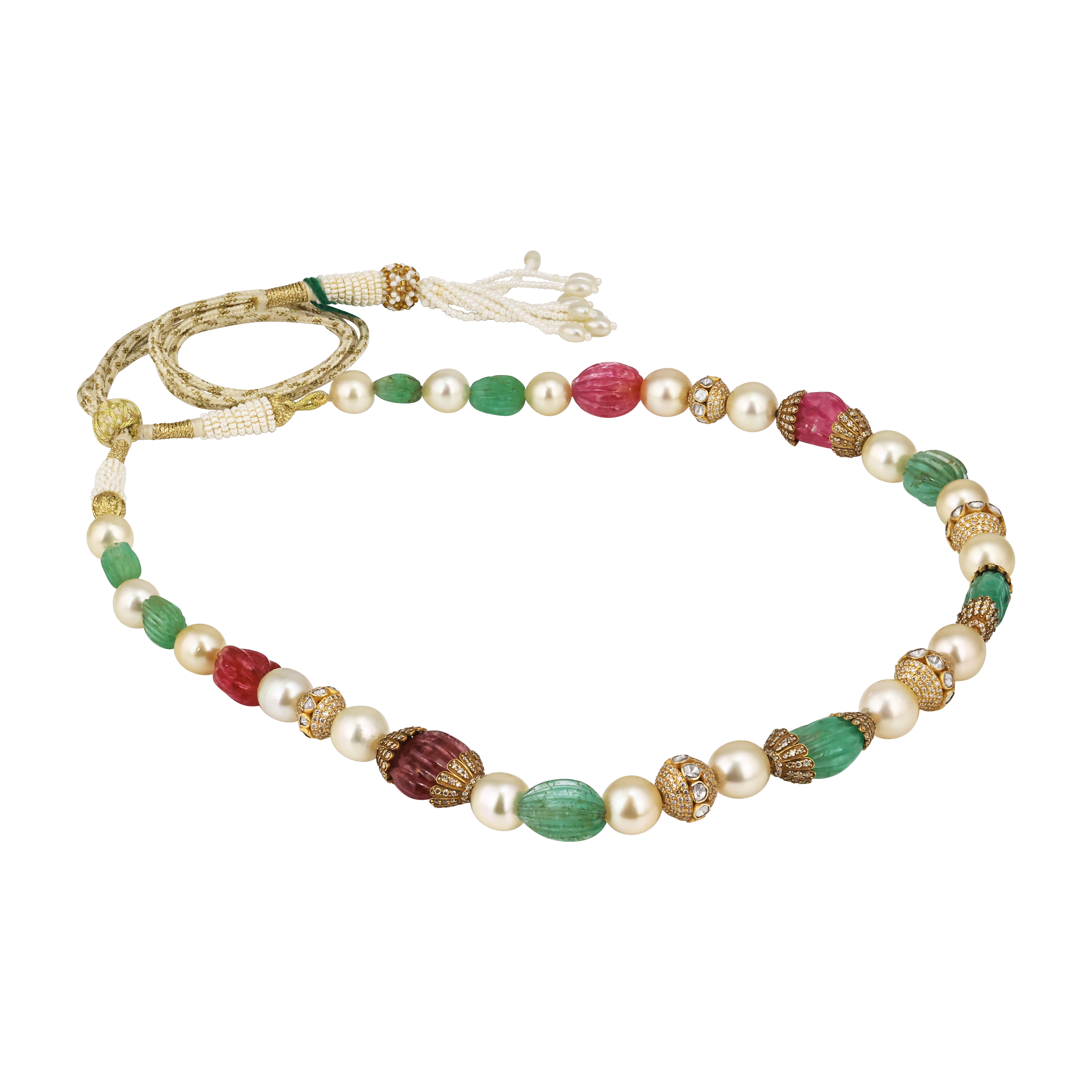 Carved Emerald and Ruby Necklace with Pearl and Diamond Accents