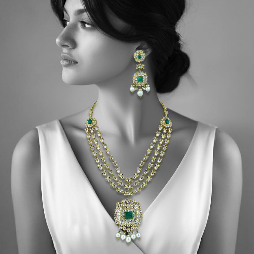 Triple-Line Necklace Set with Polkis, Emerald Pendant & Pearls