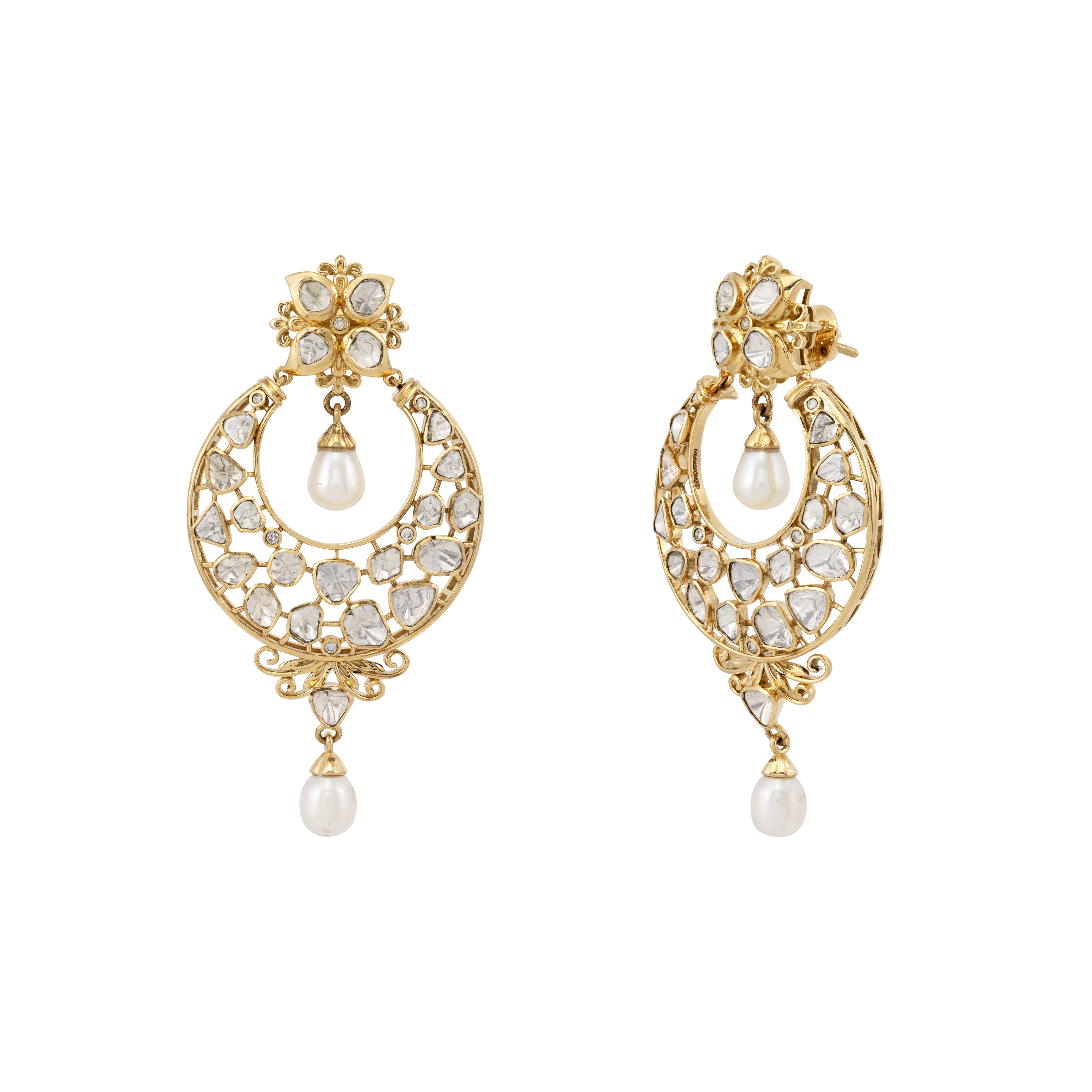Filigree Polki Chandbali Earrings with Pearl Drops