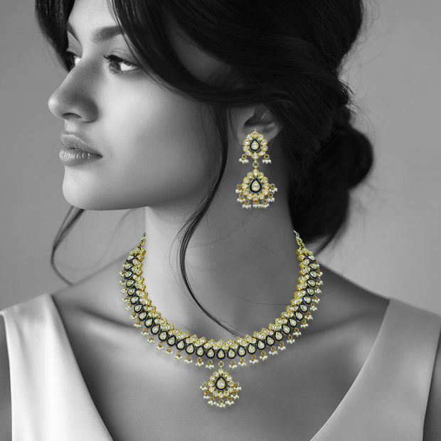 Layered Polki Necklace with Blue Enamel and Pearls