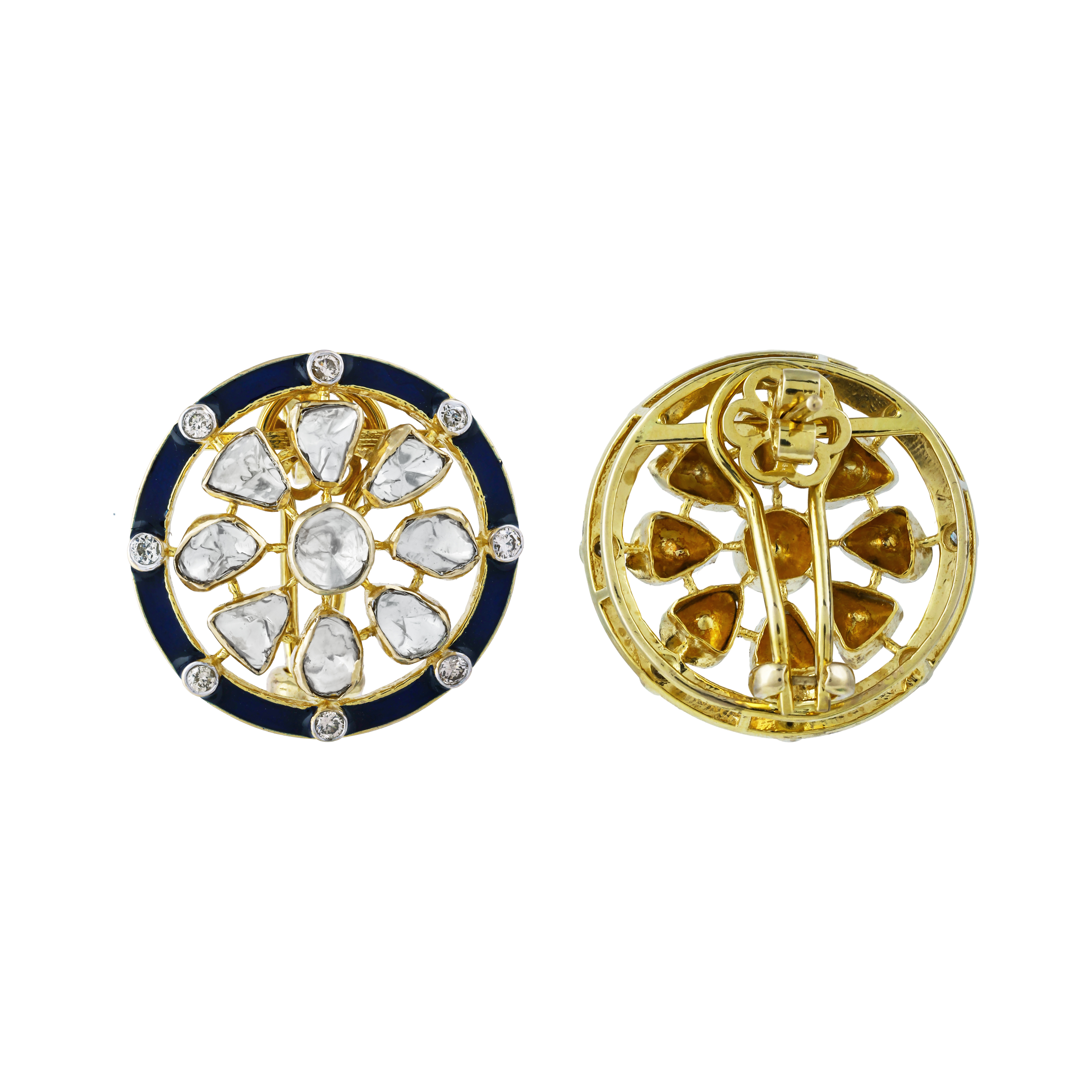 Round Polki Earrings with Blue Enamel and Diamonds