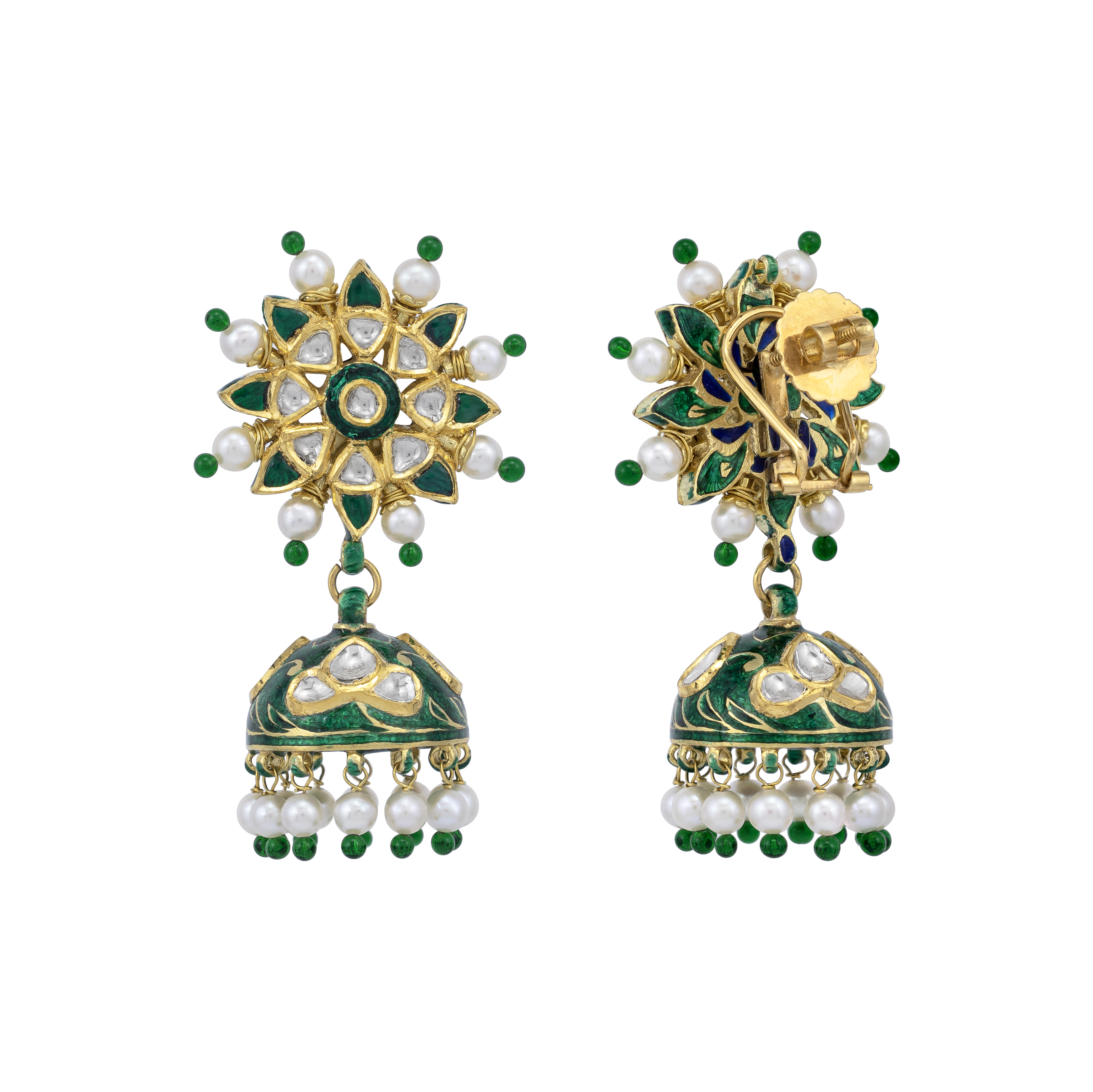 Floral Polki Jhumkas with Green Bead Fringe