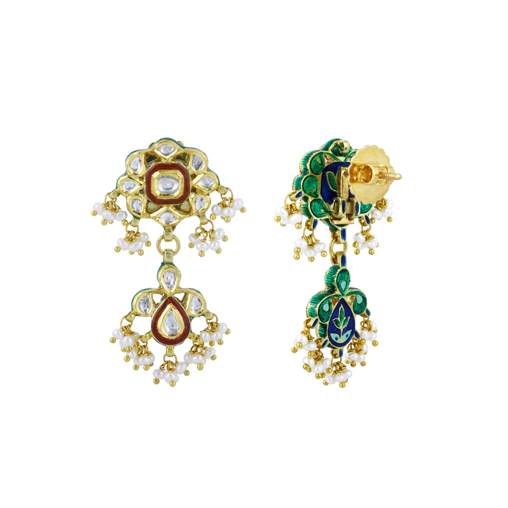 Polki Earrings with Red Enamel and Delicate Pearl Clusters