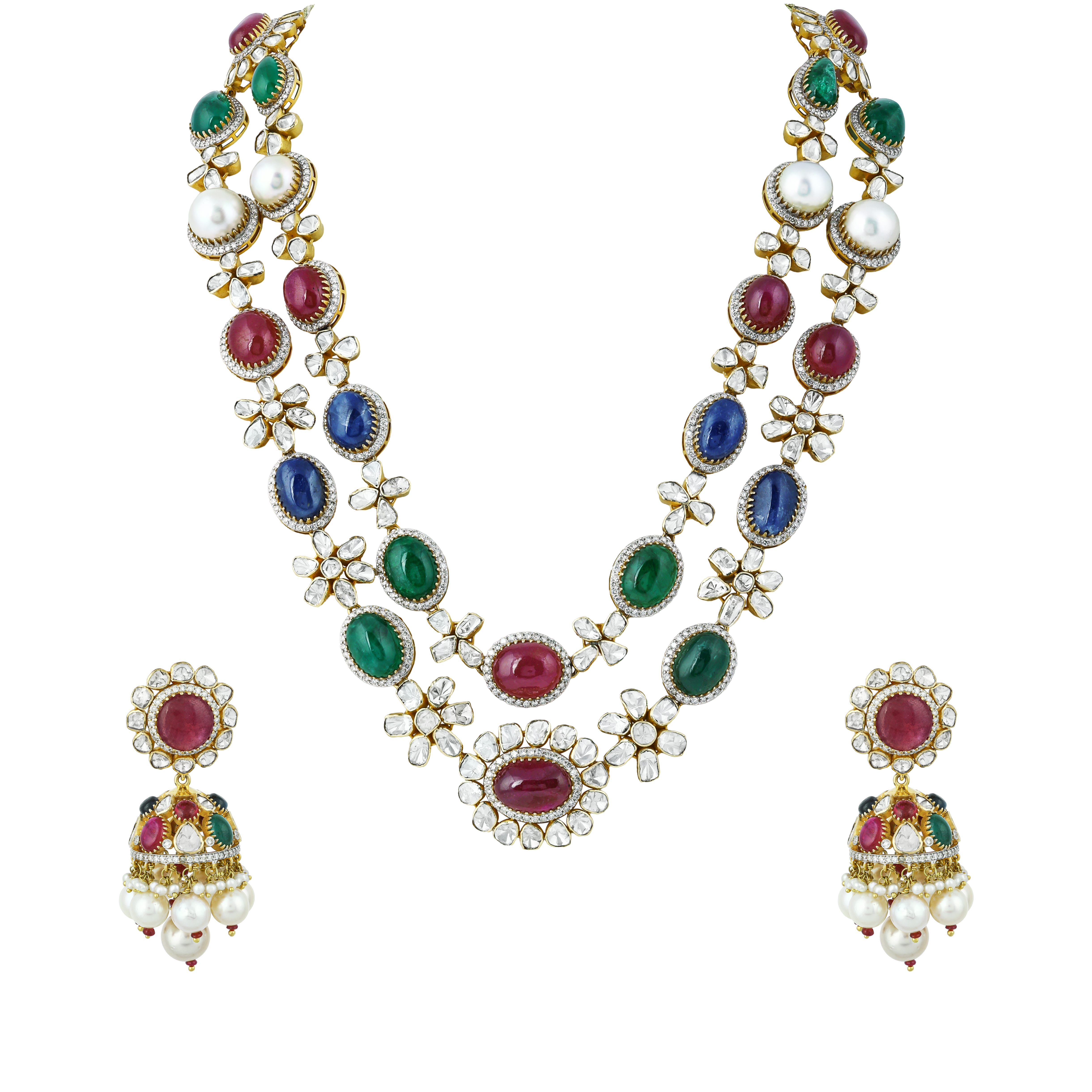 Navratan Necklace Set with Open Polki and Floral Motifs