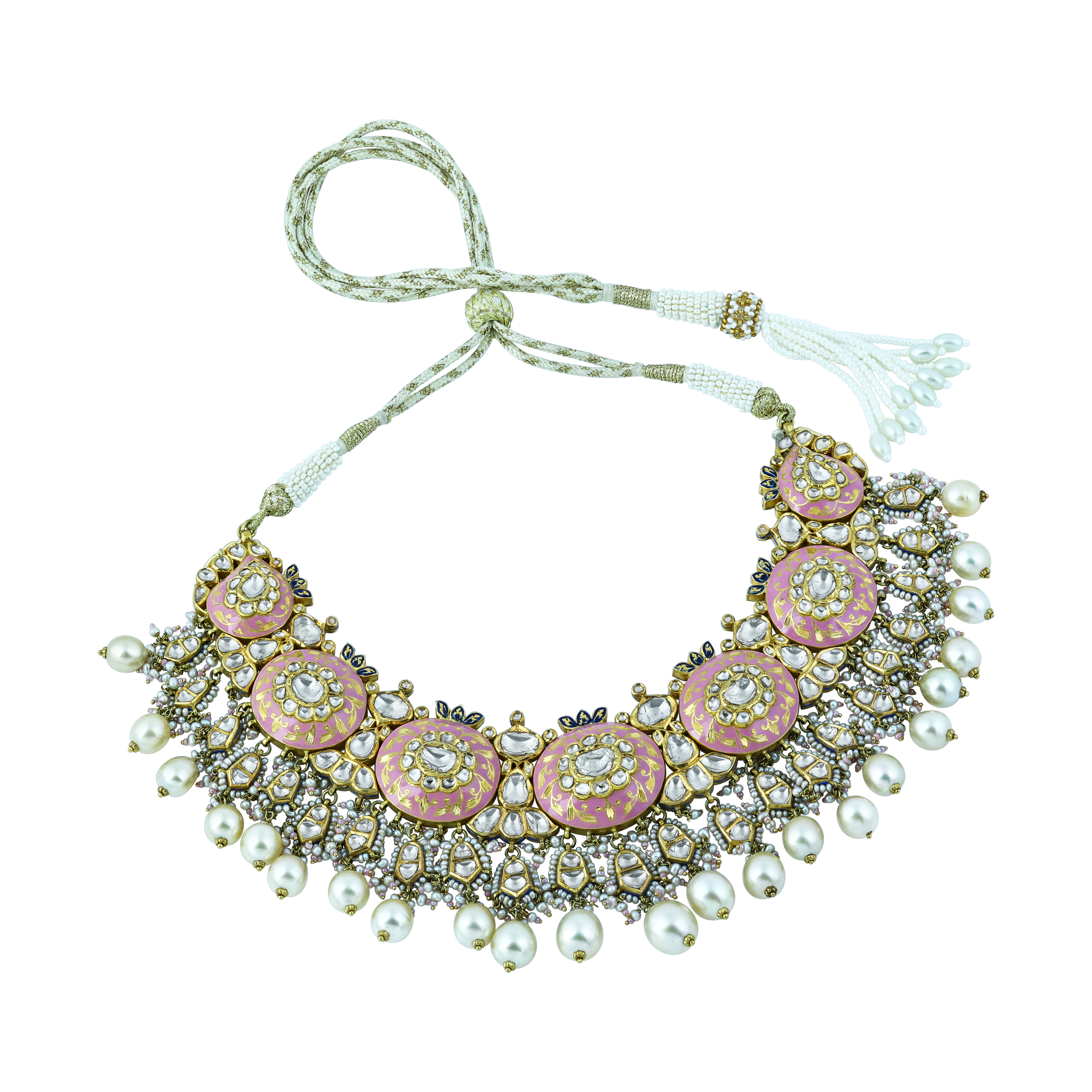 Pink Enamel Necklace Set with Uncut Diamond Polkis & Pearls
