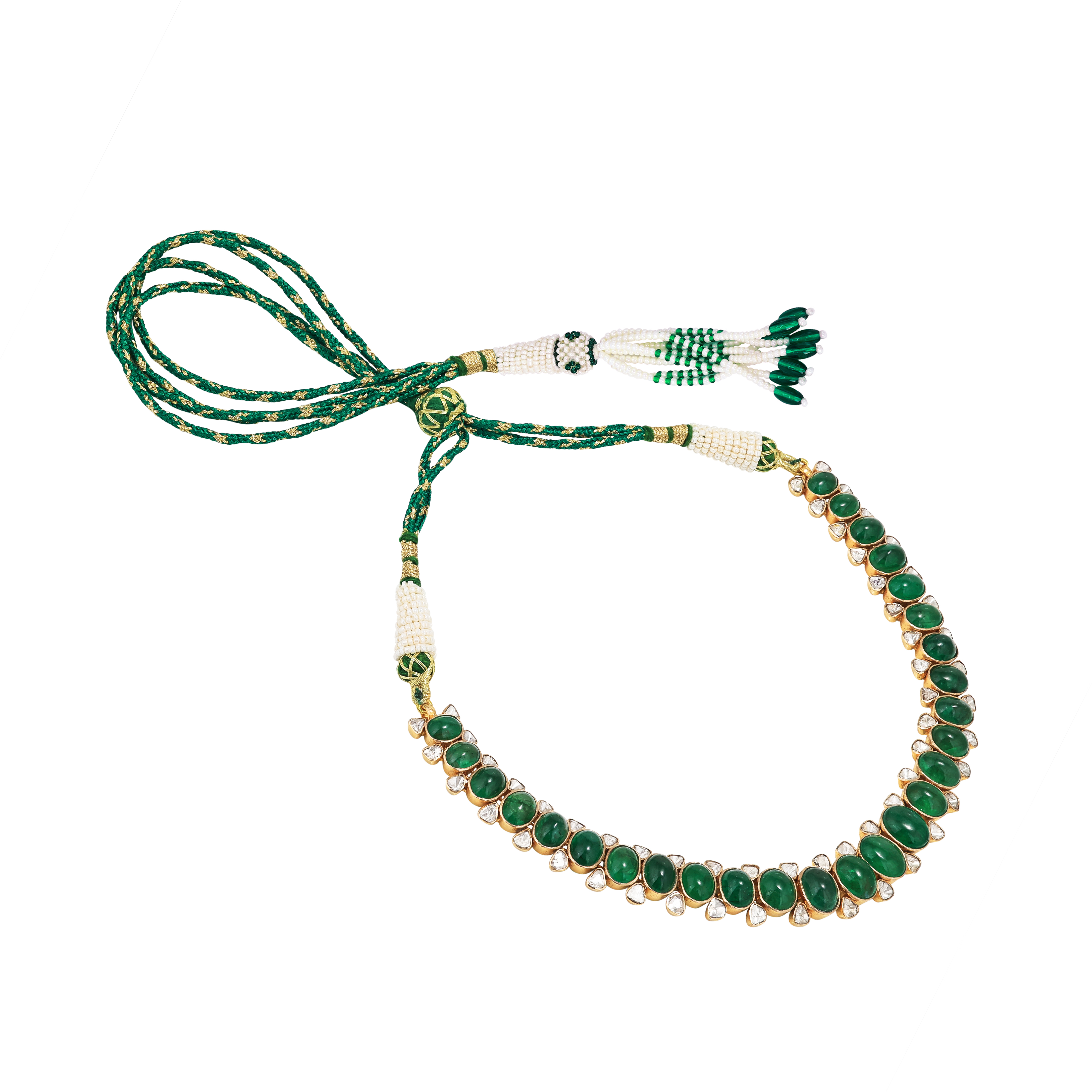 Emerald Cabochon Polki Necklace with Floral Stud