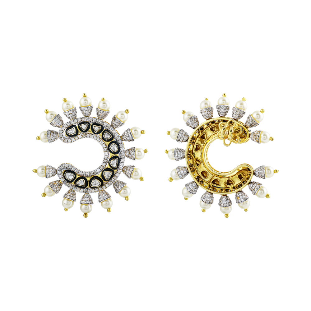 Crescent-Shaped Polki Earrings with Black Enamel, Diamonds and Pearls