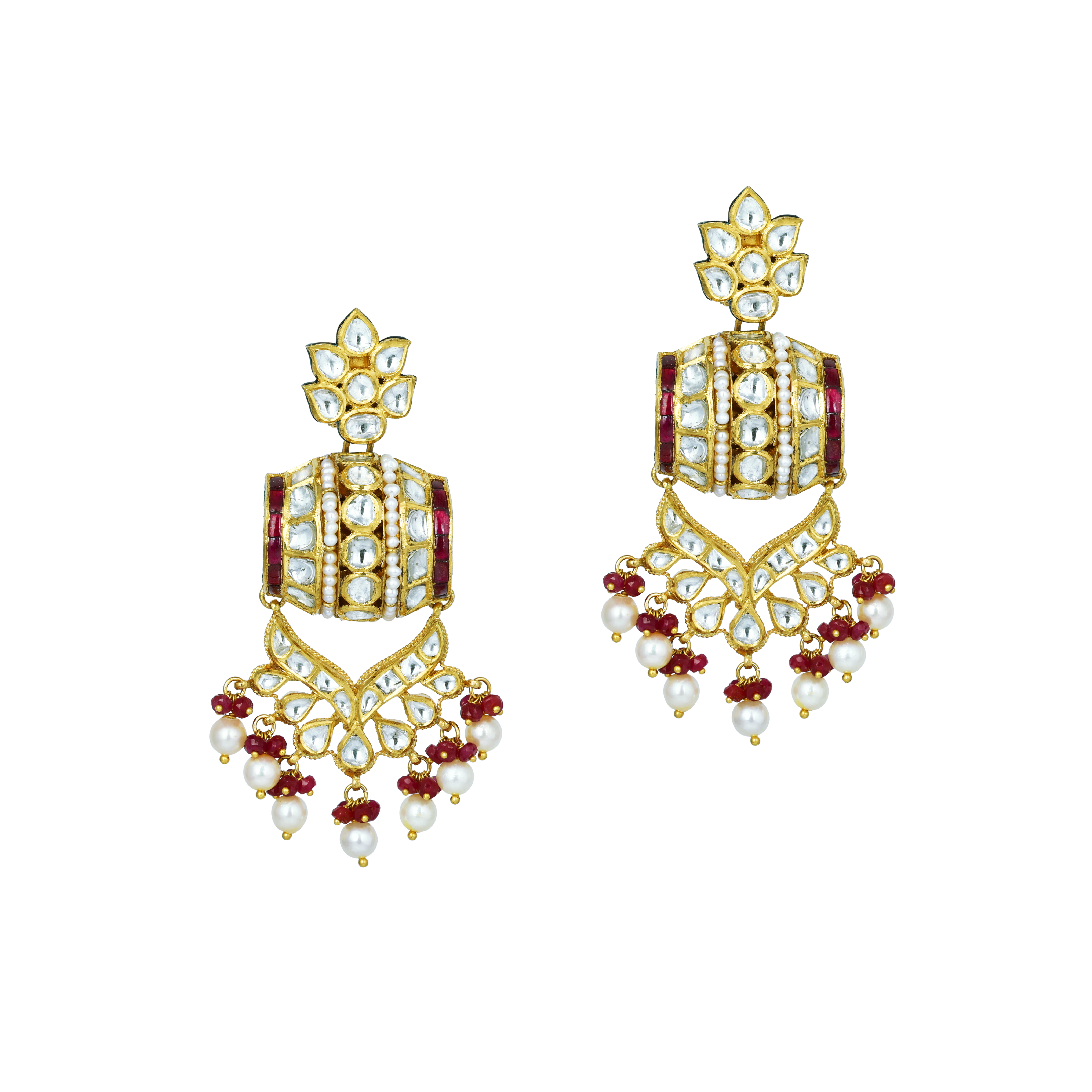 Polki Earrings with Ruby Beads and Pearls