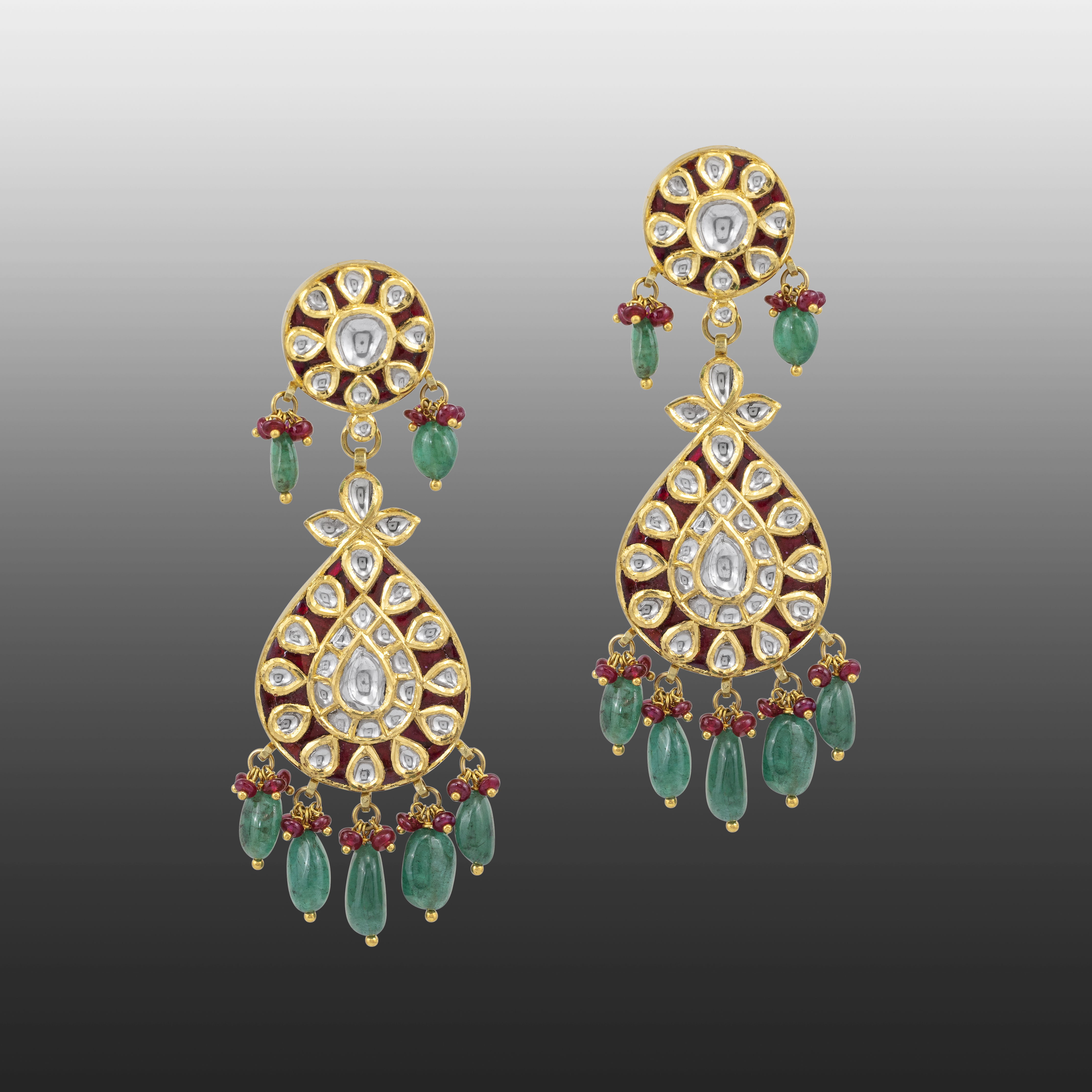 Teardrop Polki Earrings with Emerald Beads