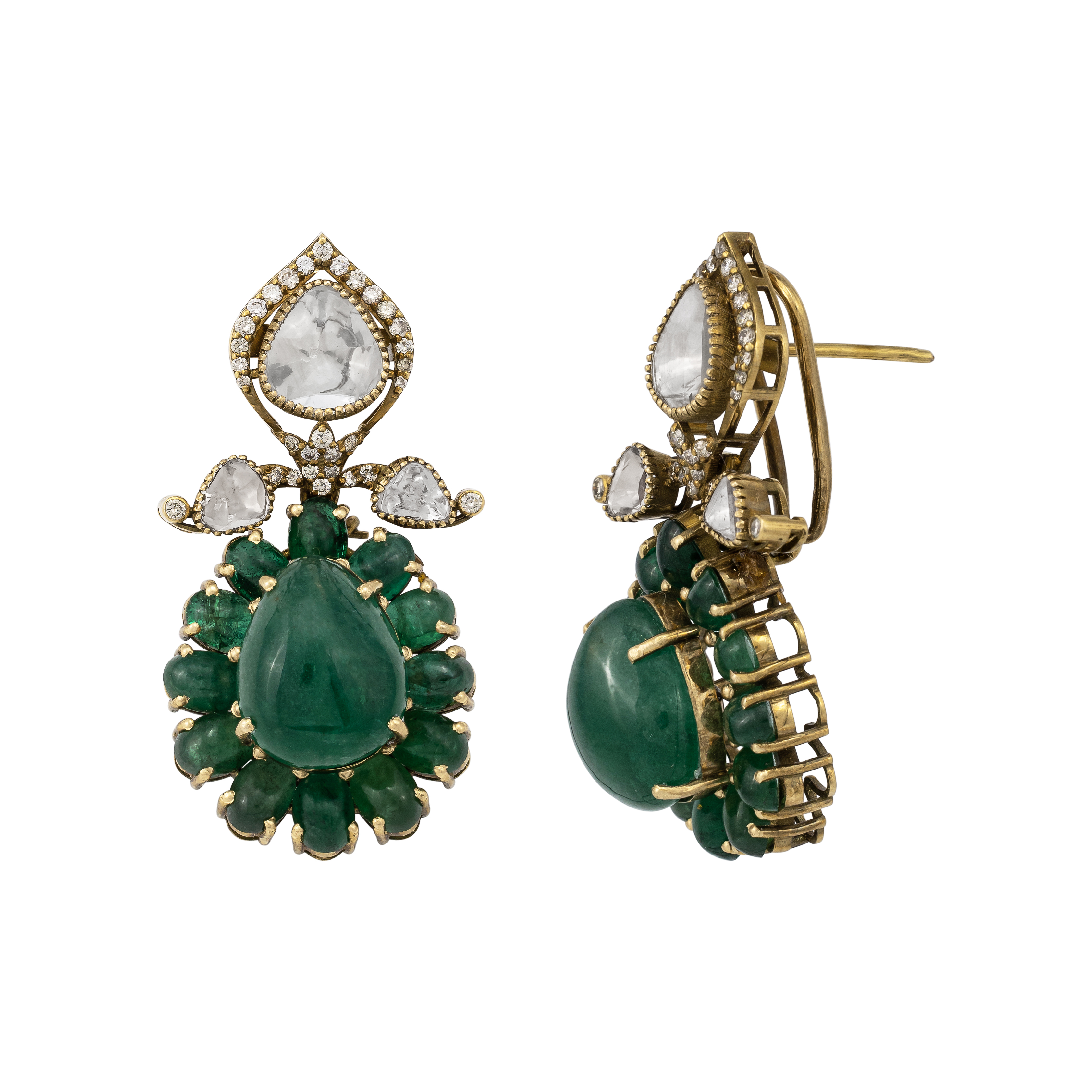 Antique Emerald Drop Earrings with Beaded Halo
