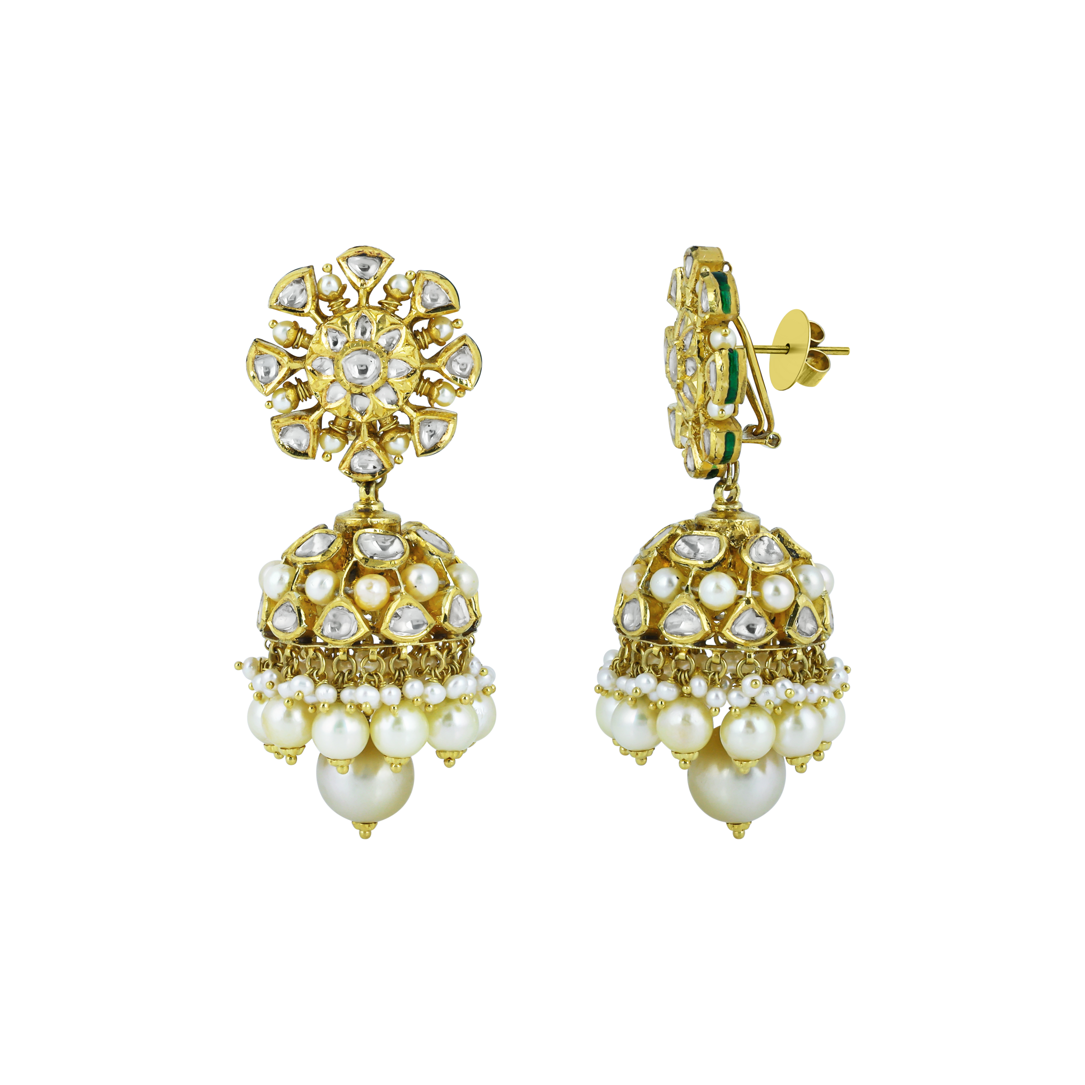 Floral Polki Jhumka Earrings with Graceful Pearl Drops