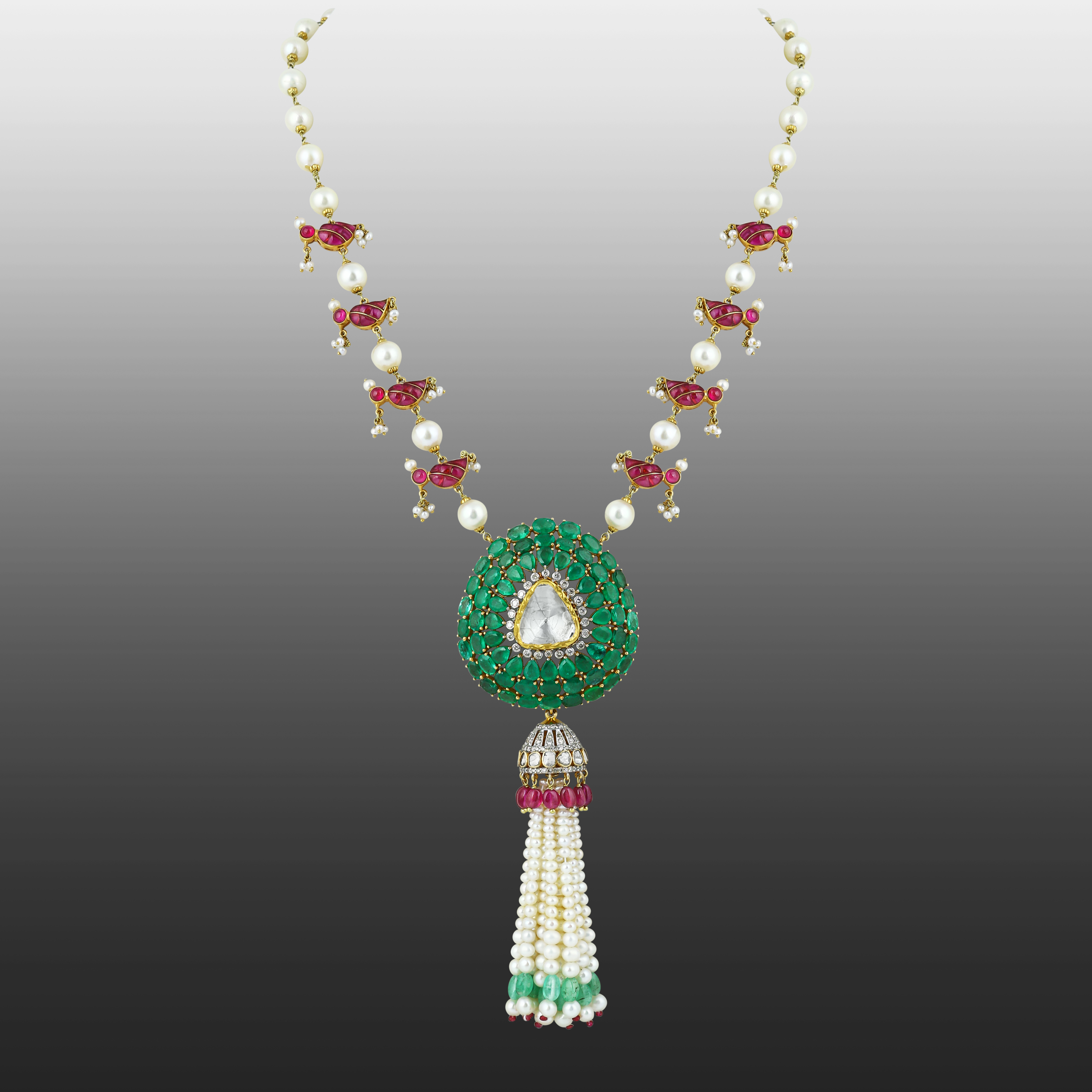 Emerald Polki Pendant with Ruby Motifs & Pearl-Emerald Tassels