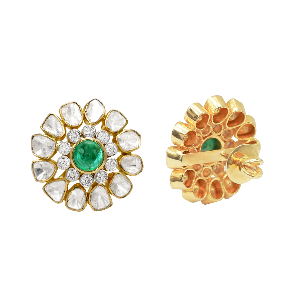 Floral Polki Stud Earrings with Center Emerald and Diamond Cluster