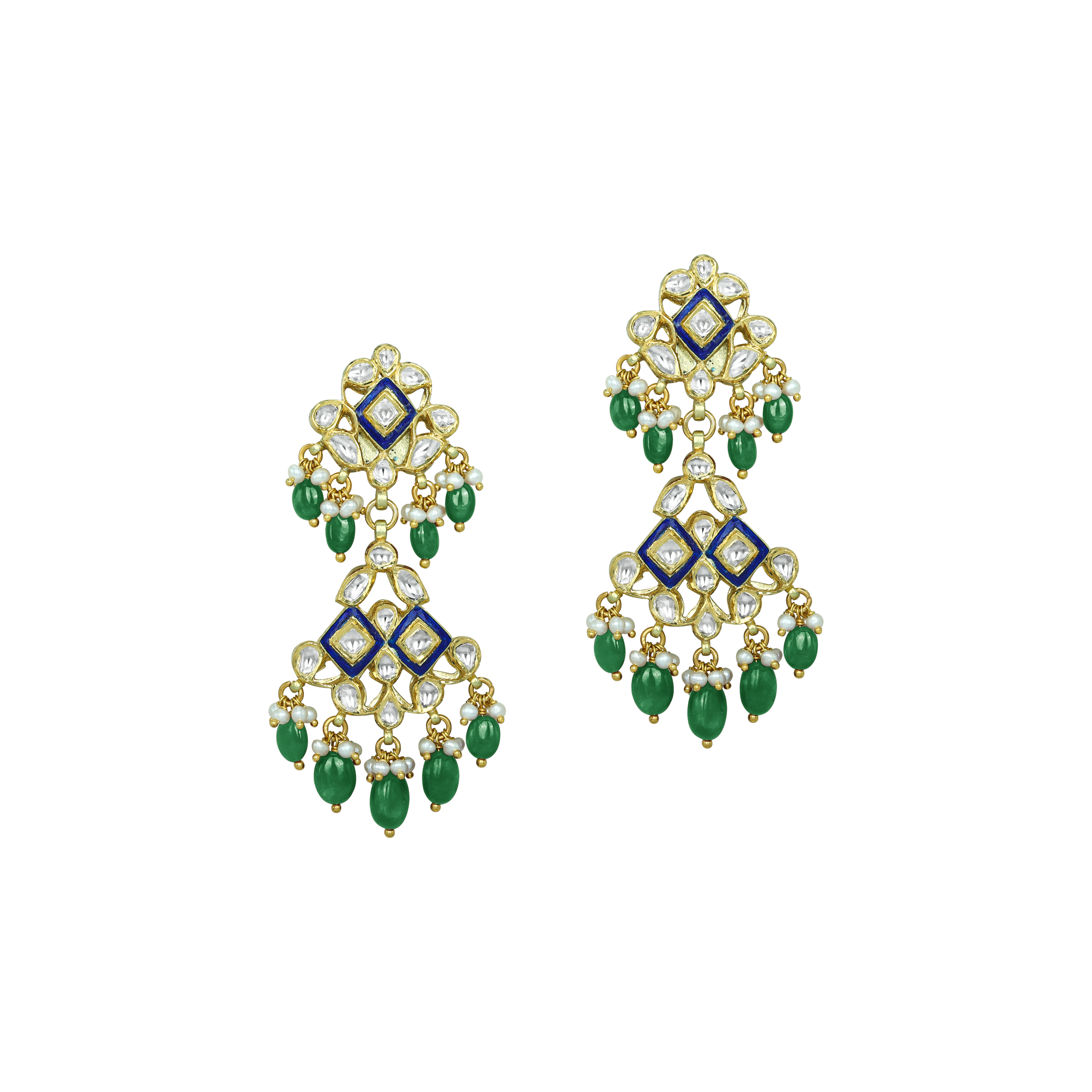 Blue Enamel Polki Earrings with Emerald Maniyas and Pearl Clusters