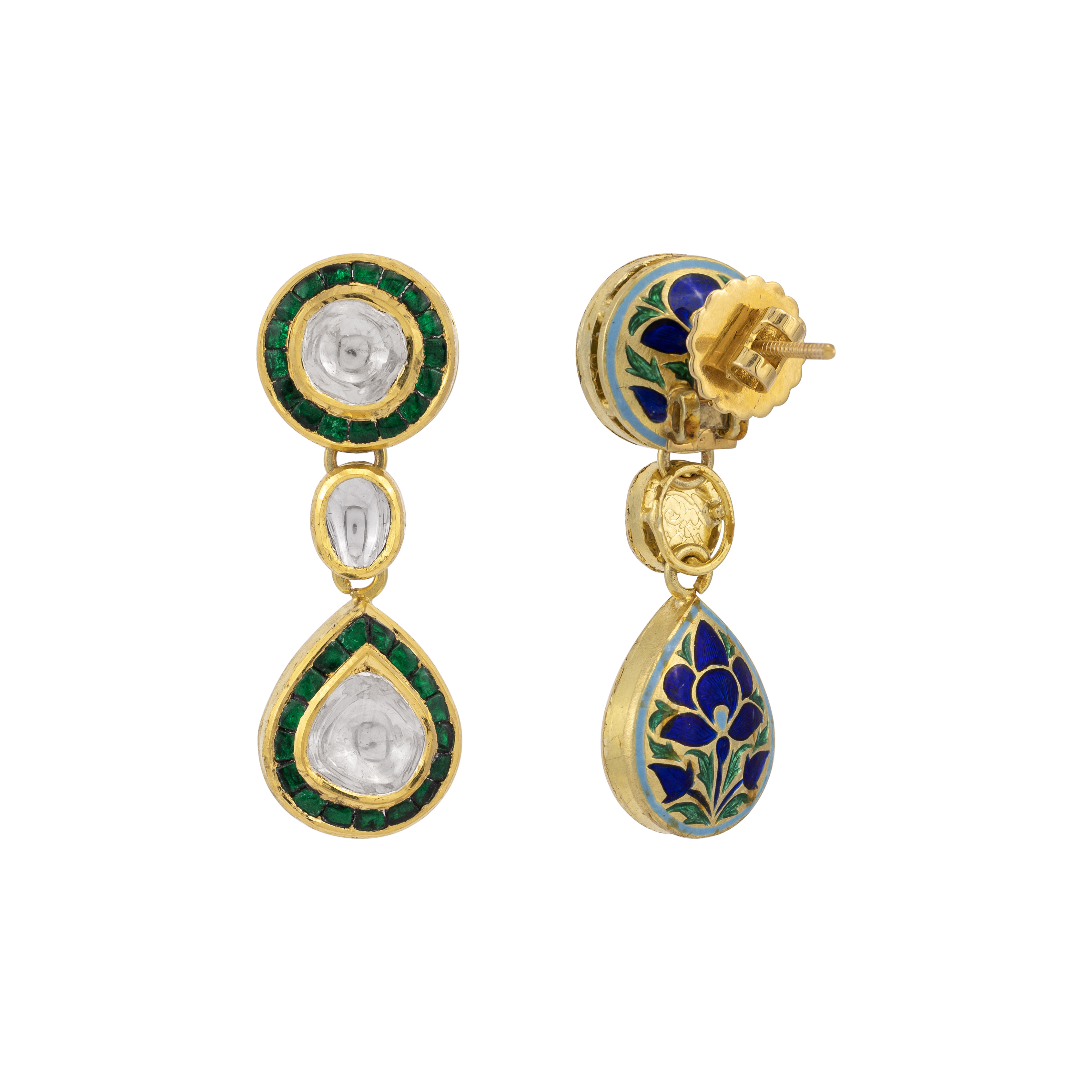 Polki Drop Earrings with Green Enamel Border