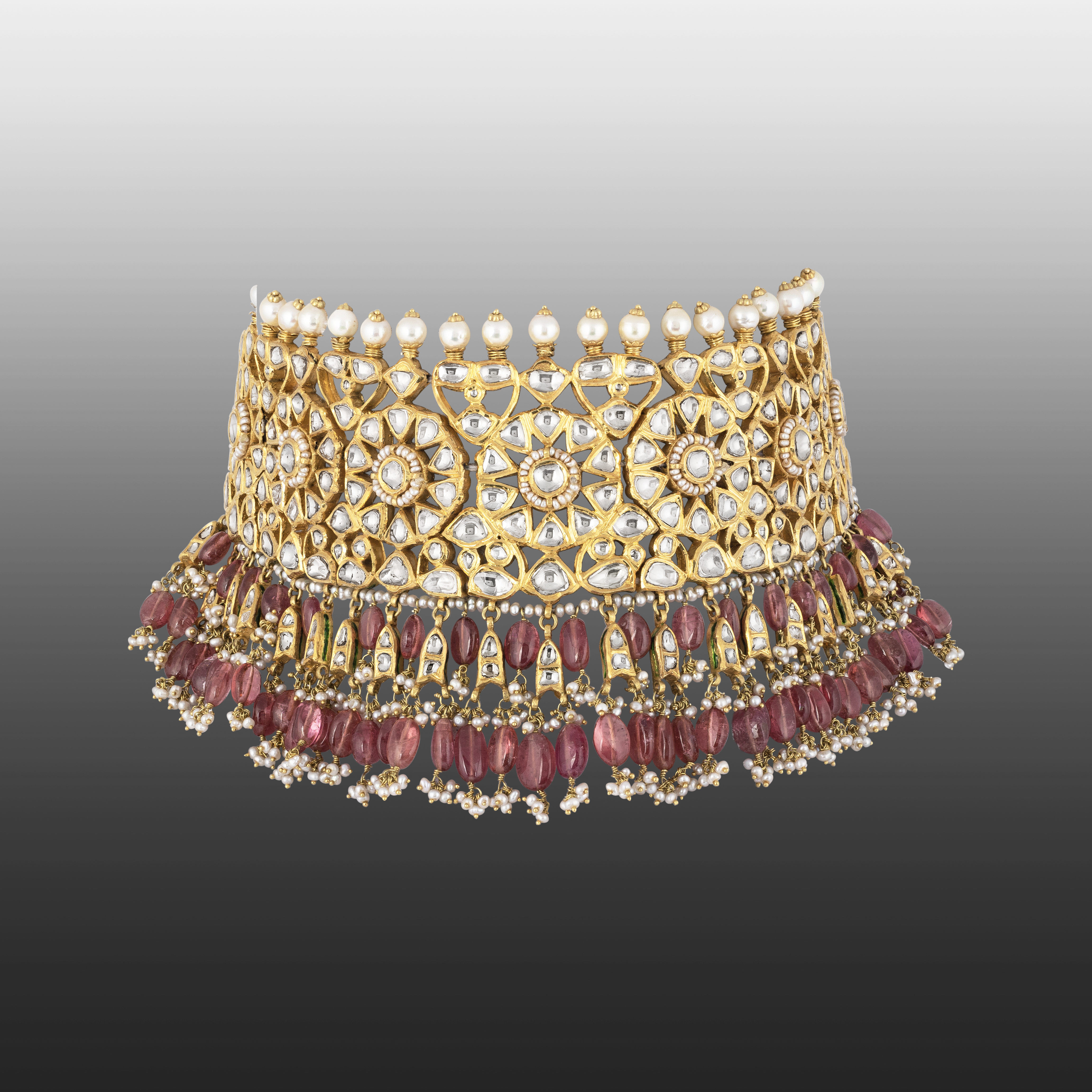 Polki Diamond Choker & Earrings with Pink Tourmaline Drops