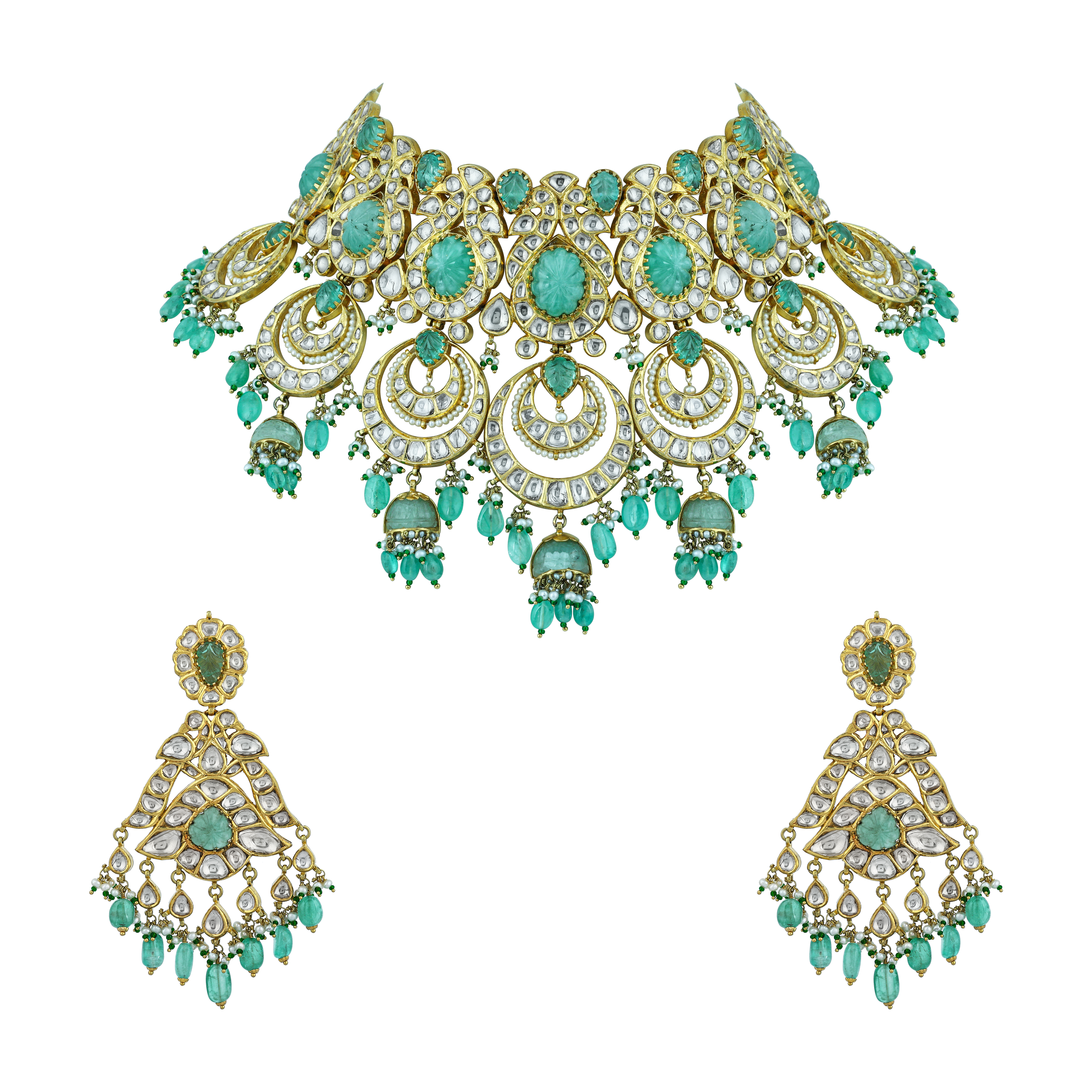 Chandbali Choker Set with Polki, Green Beads, and Drops