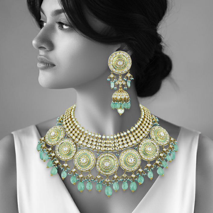 Meenakari Polki Necklace Set with Mint Green Drops and Pearls