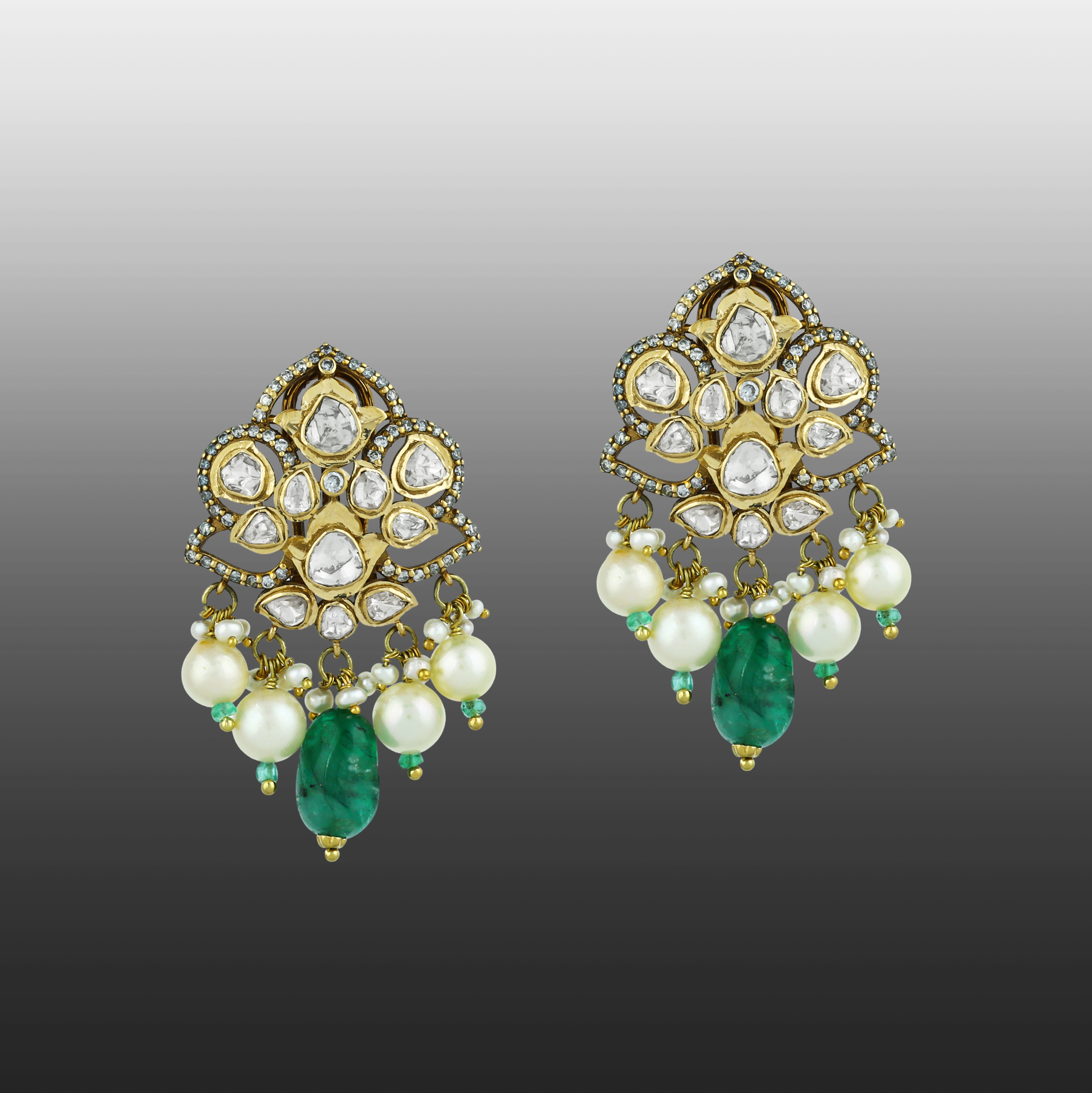 Floral Polki Earrings with Emerald and Pearl Drops