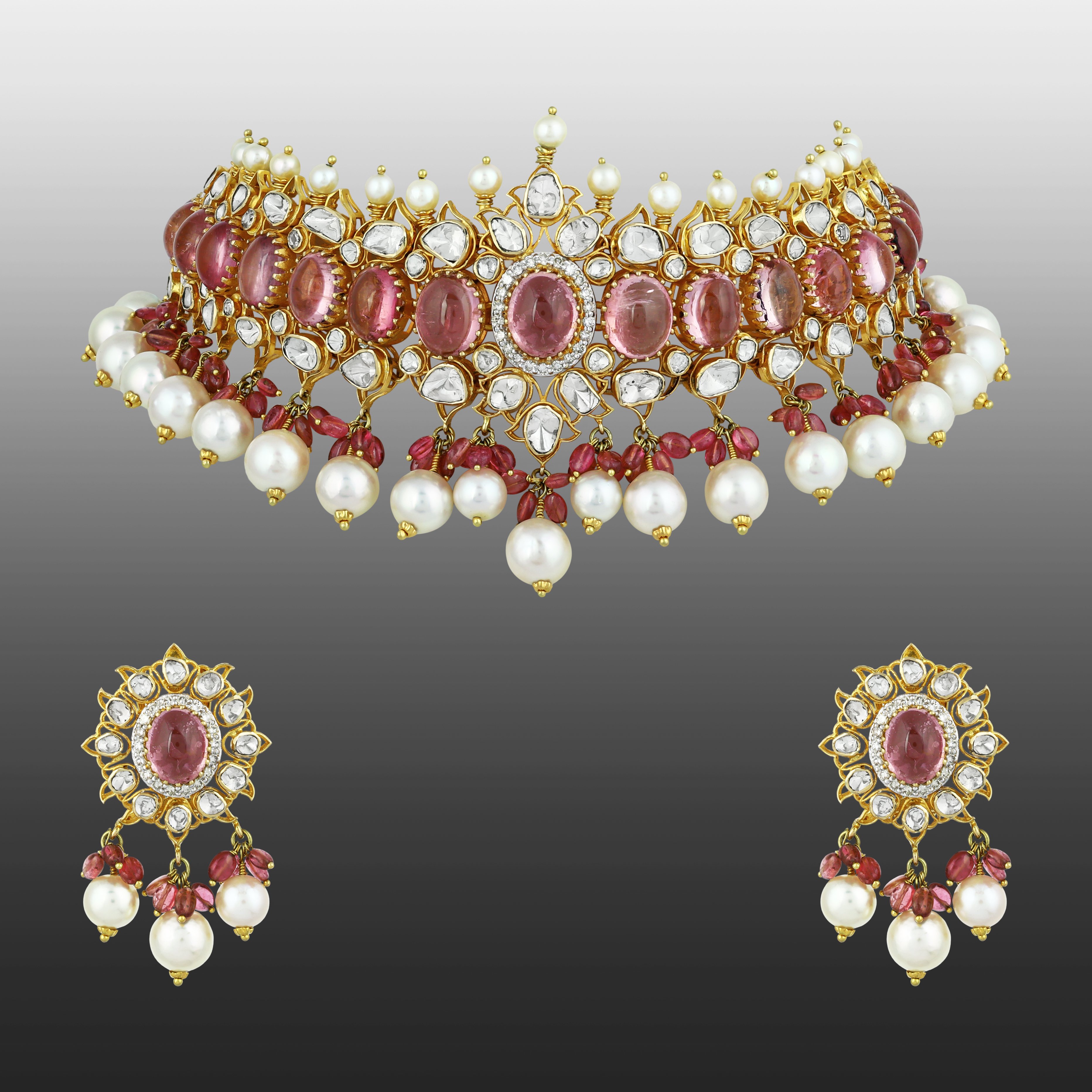 Tourmaline Polki Choker Set with Pearl Drop Accents