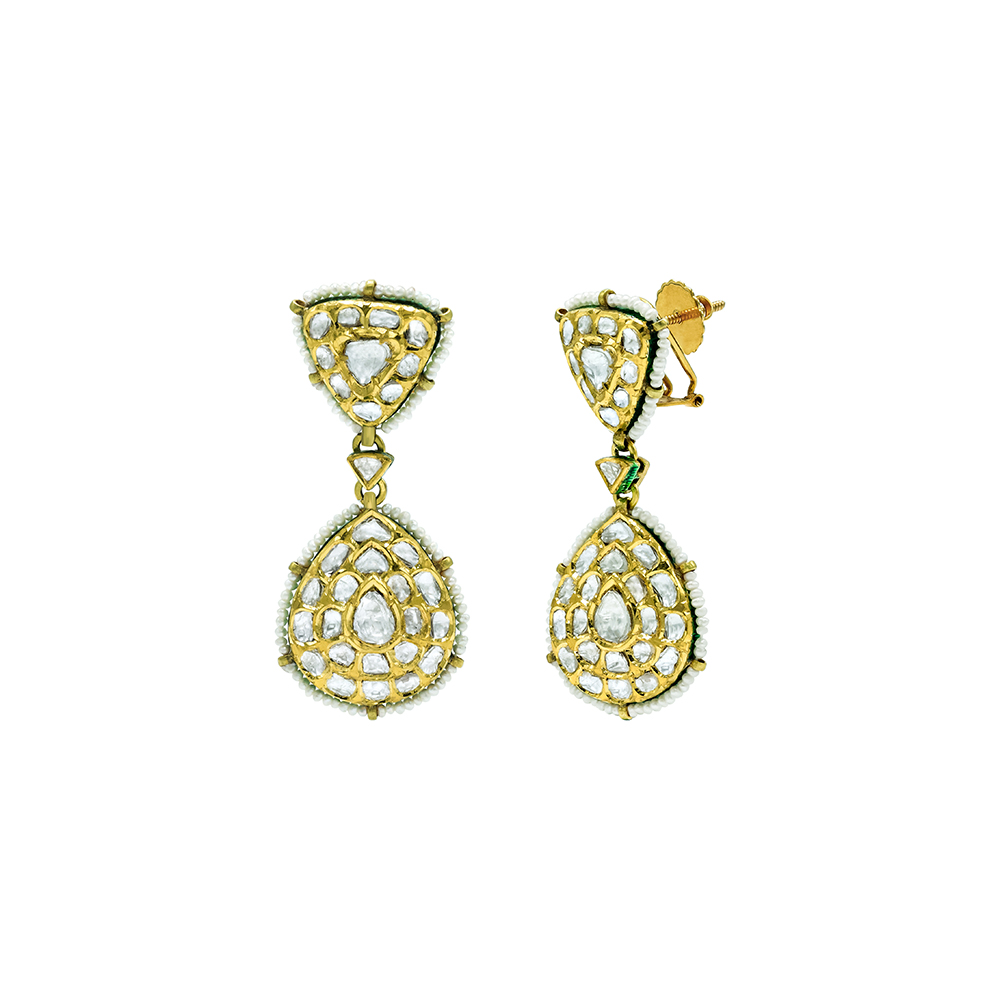 Polki Earrings with Triangular and Teardrop Motifs