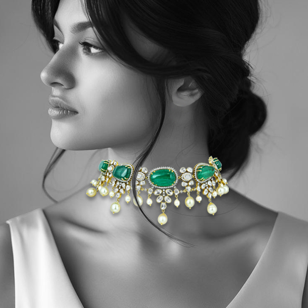 Victorian Emerald and Polki Choker with Southsea Pearl Drops
