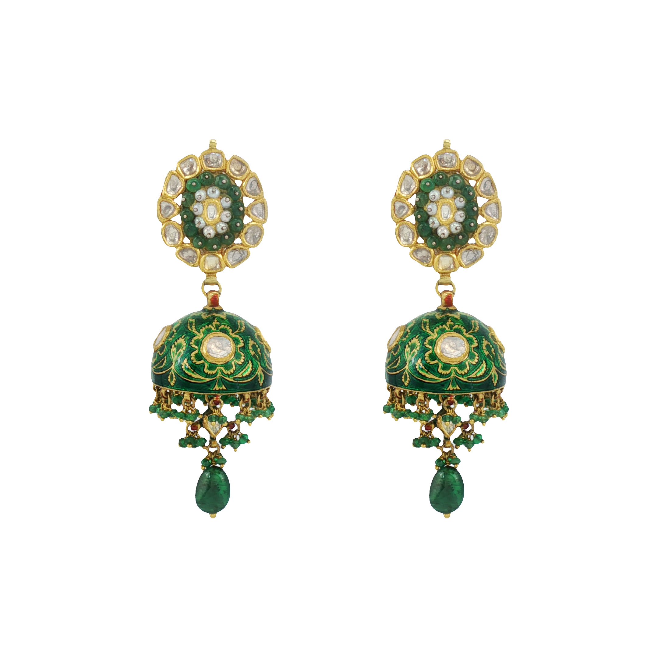 Emerald Bead Jhumkas with Polki Detailing
