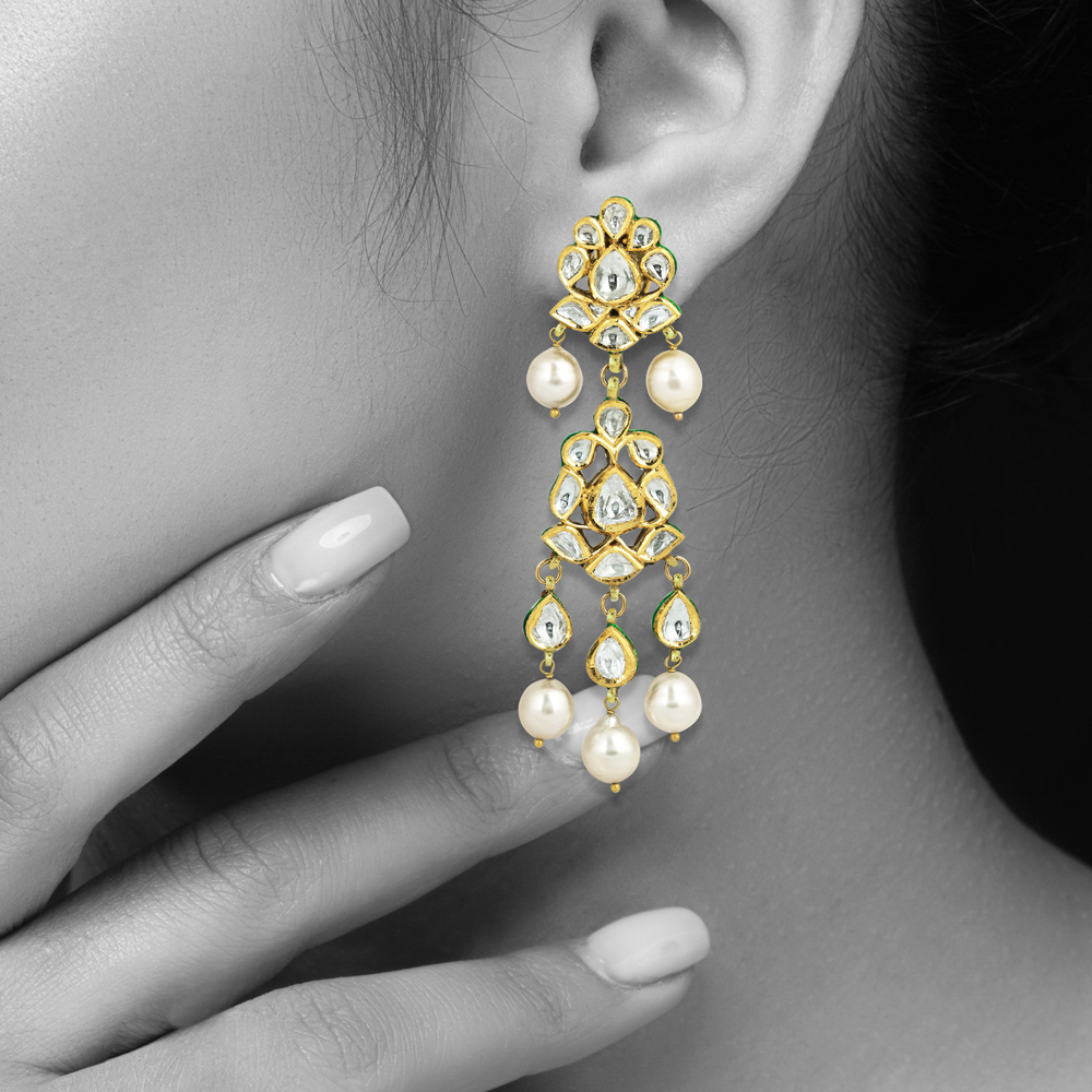 Floral Polki Earrings with Intricate Design & Pearl Drops