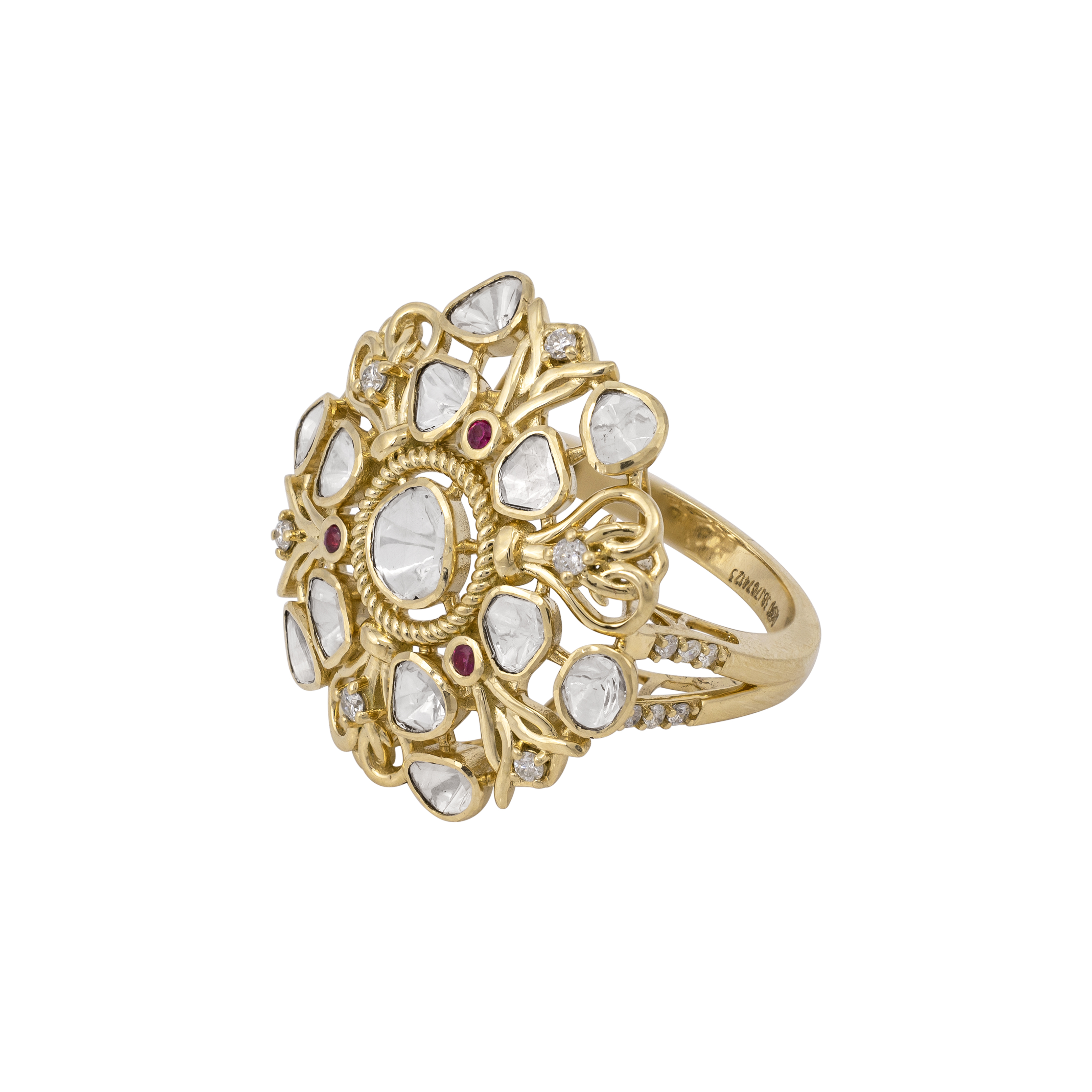Floral Uncut Diamond Polki Ring with Red Accents