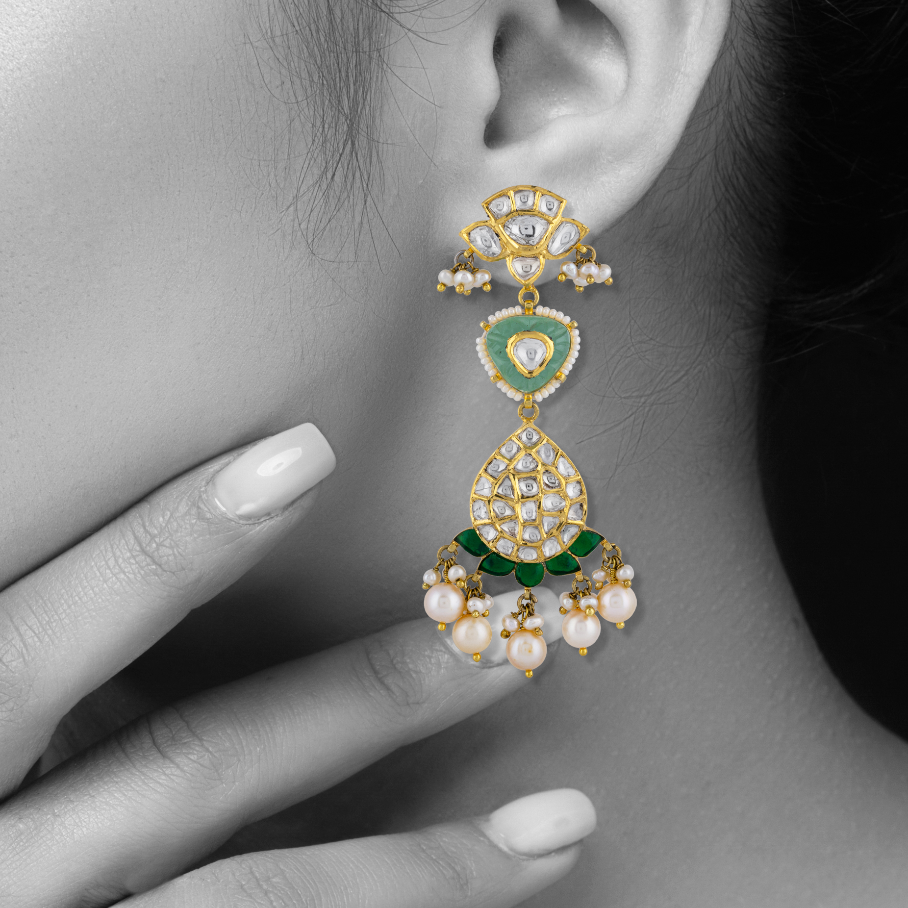Uncut Diamond Polki Earrings with Carved Emerald & Pearls