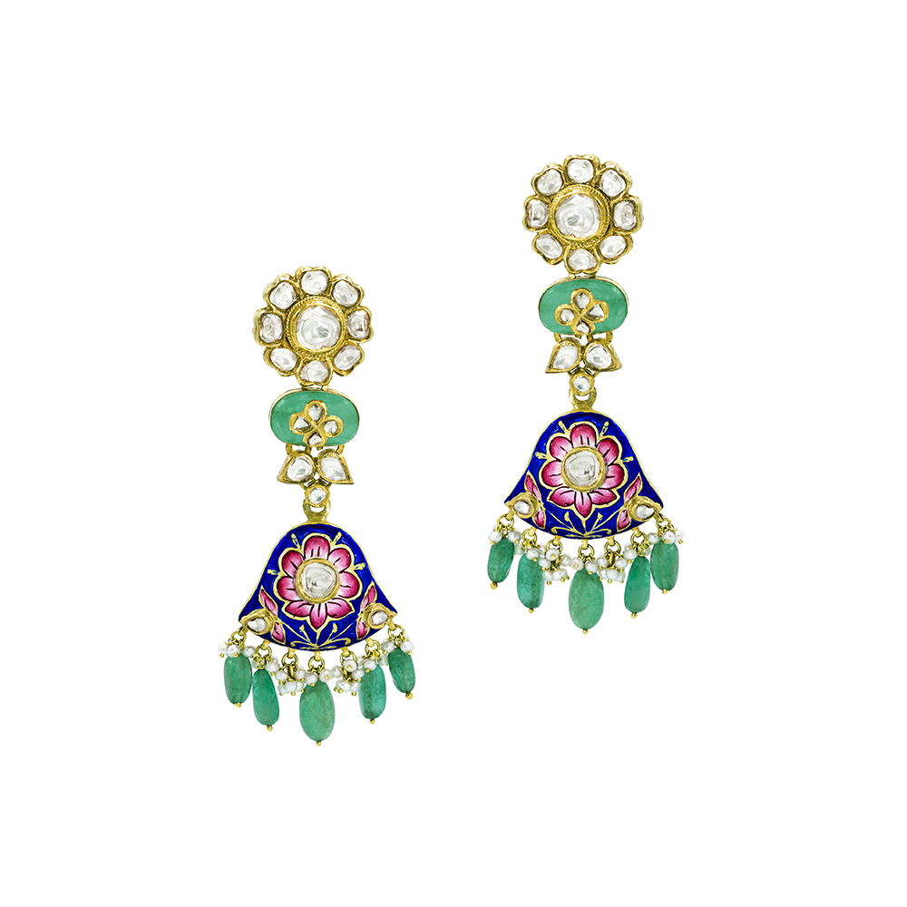 Polki Earrings with Blue-Pink Enamel, Emeralds, and Pearls