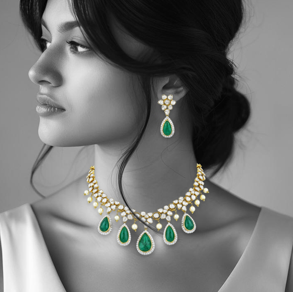 Polki Necklace Set with Emerald Drops & Diamond Halos