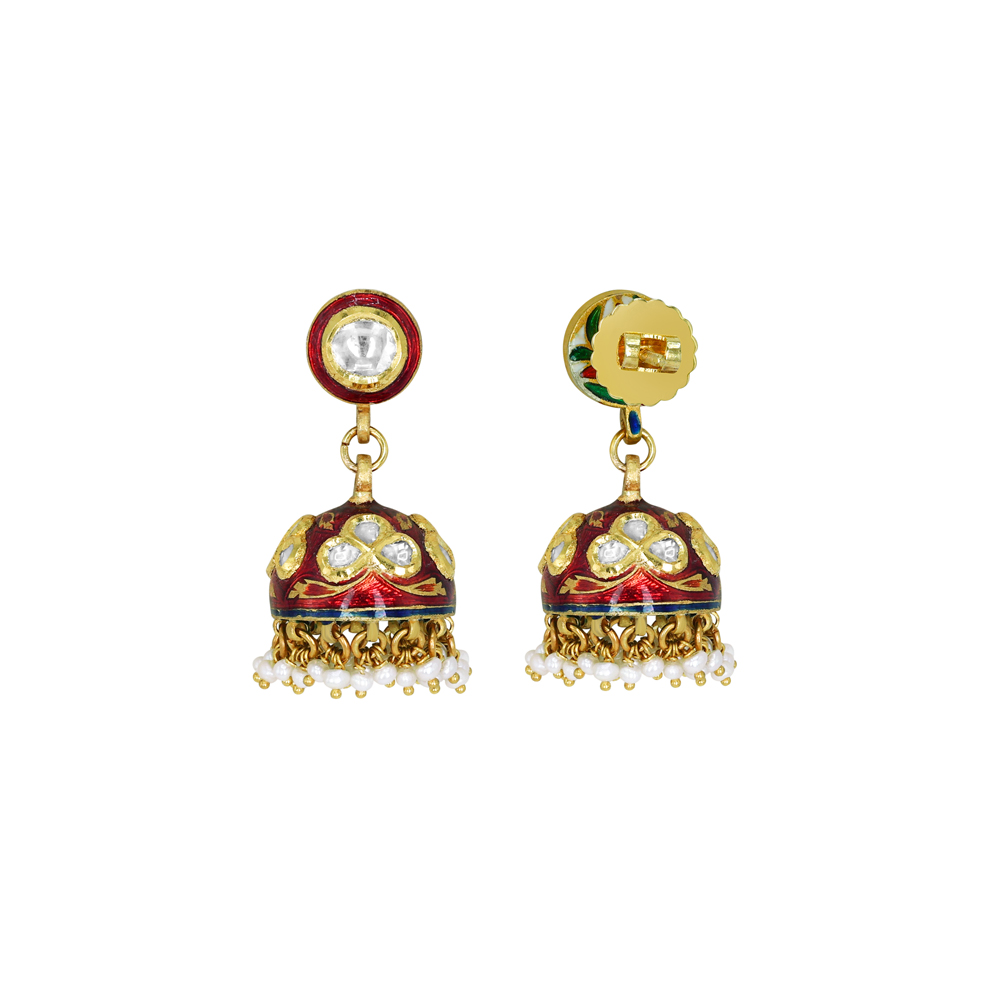Polki Jhumkas with Red Enamel Domes and Pearl Fringes