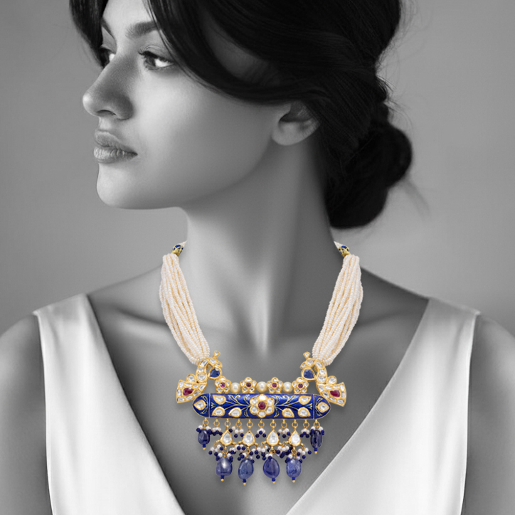 Blue Peacock Meenakari Pendant with Sapphire and Pearls