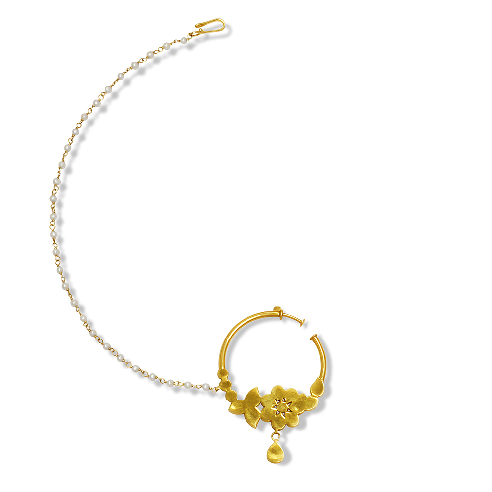 Polki Floral Nath with Gold Setting and Pearl String Support