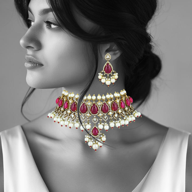 Ruby Colourstone Teardrop Choker Set with Polki Diamonds & Pearls
