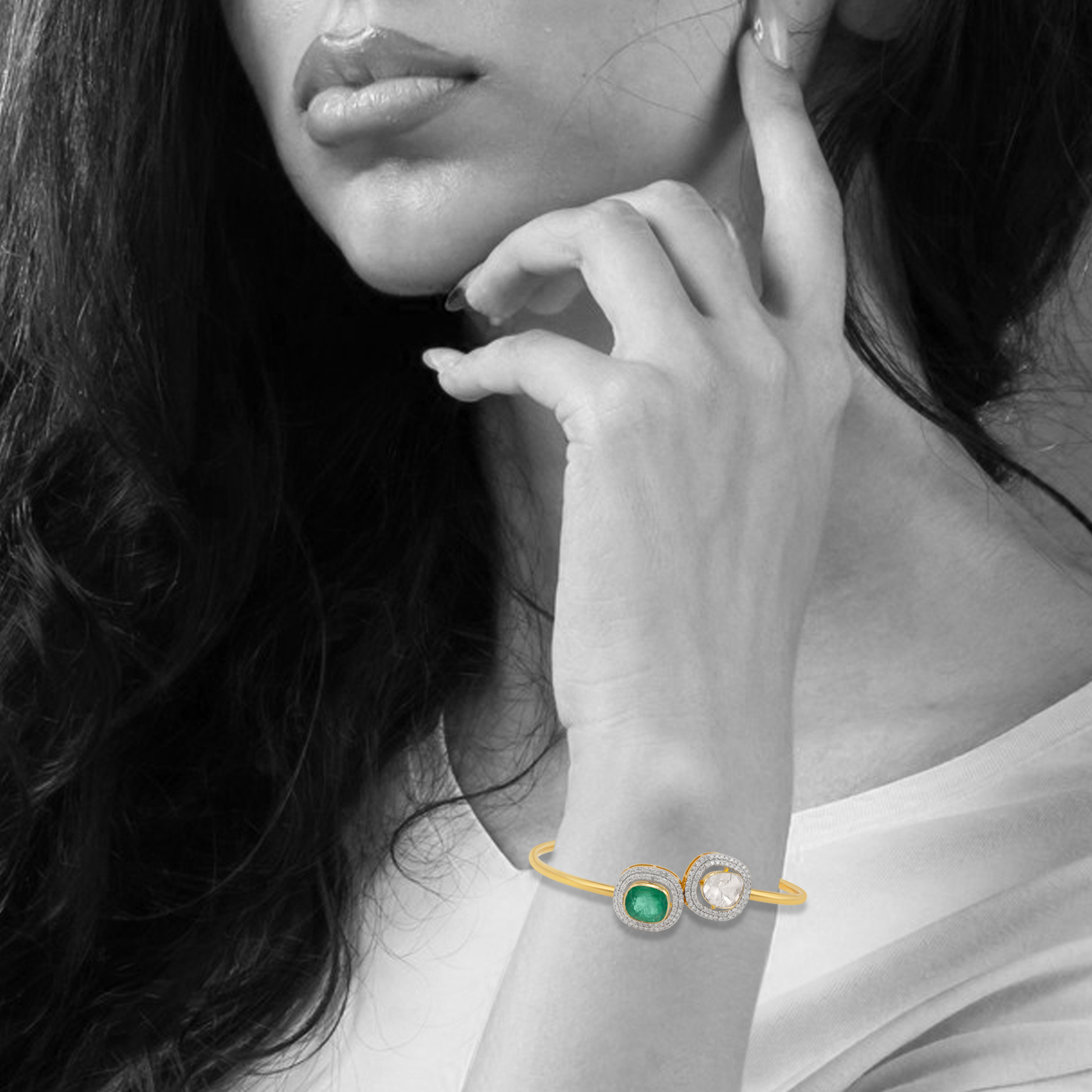 Dual Halo Emerald and Polki Diamond Cuff Bangle