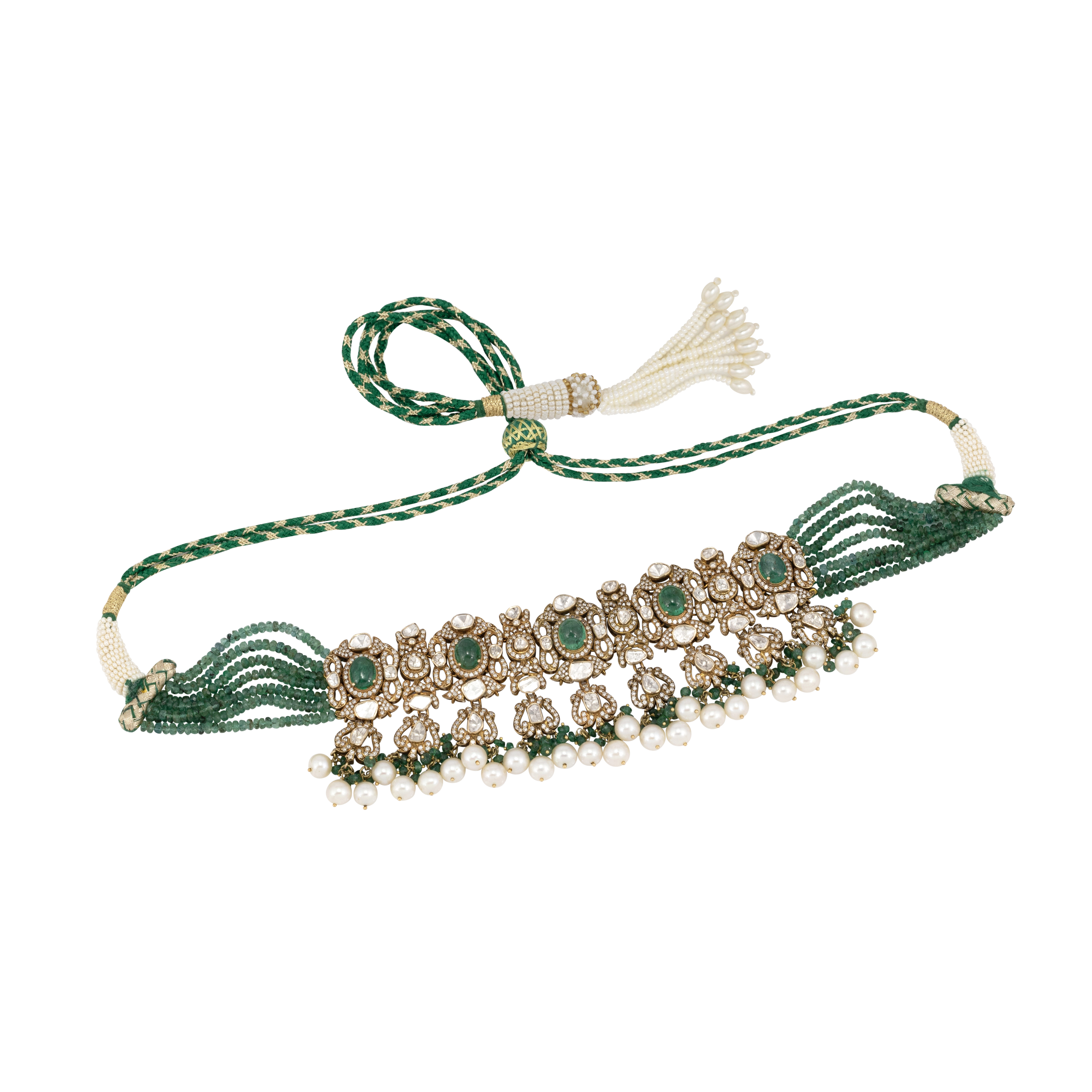 Antique Polki Choker Set with Emeralds , Diamonds and Pearl Clusters